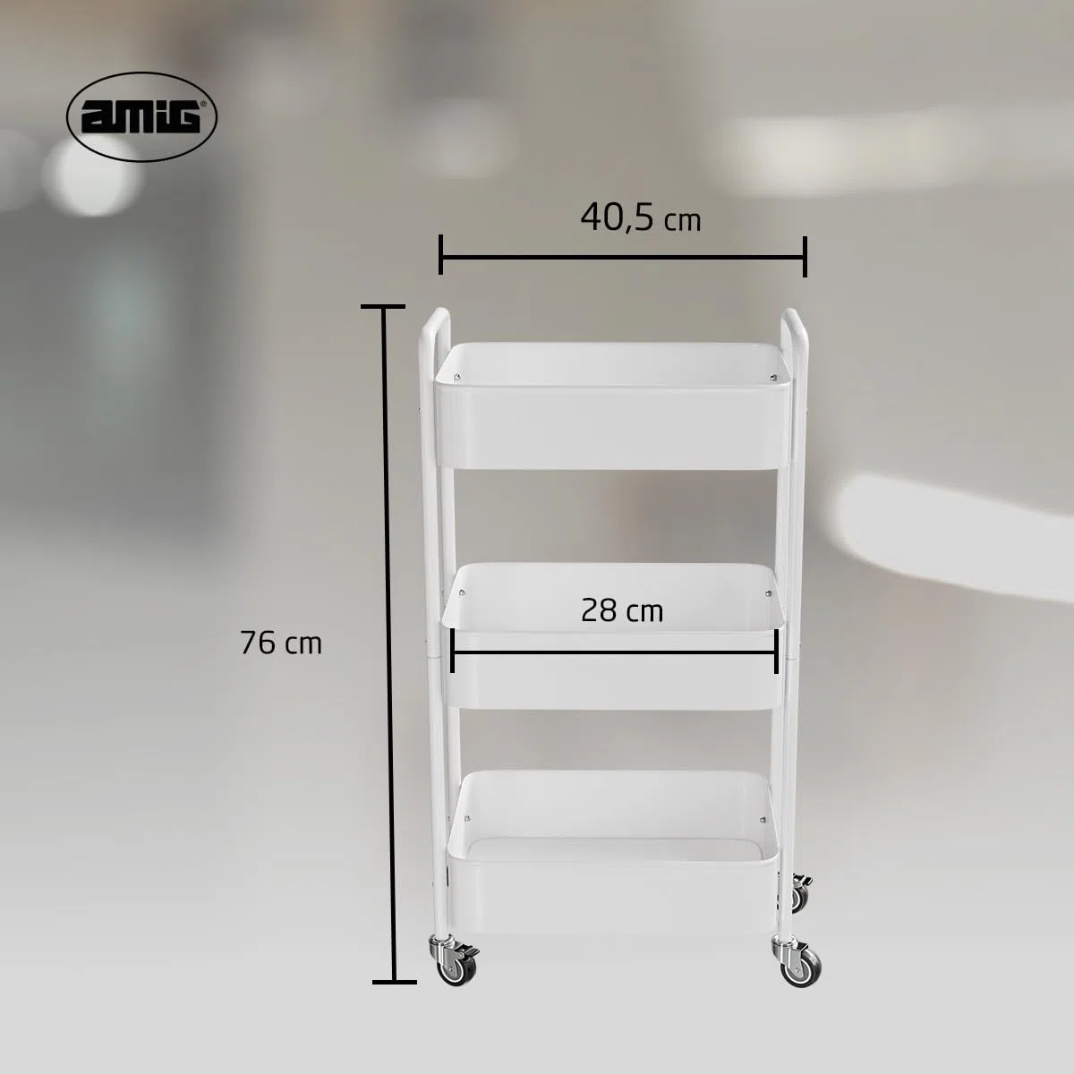 Amig - Carrello da cucina a 3 livelli con ruote Mod. LINN - Scaffale ausiliario in acciaio - Bianco - Carrello multiuso per cucina, bagno o ufficio - 40,5 x 28 x 76 cm