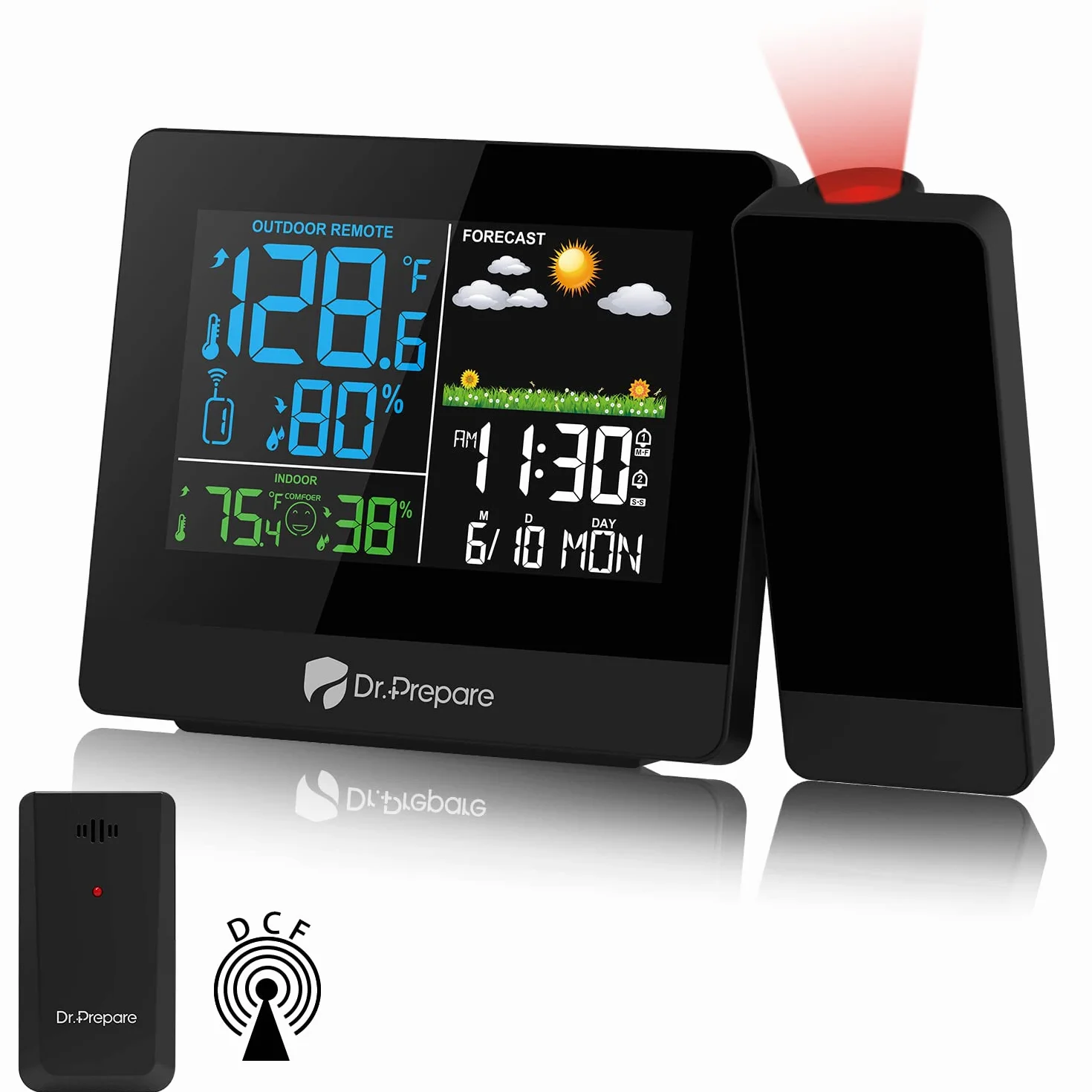 DR.PREPARE Sveglia con Proiettore Sveglia Proiezione Soffitto con Stazione Meteo Sensore Esterno Visualizza Temperatura Umidità Interna e Esterna per Camera da Letto Comodino.