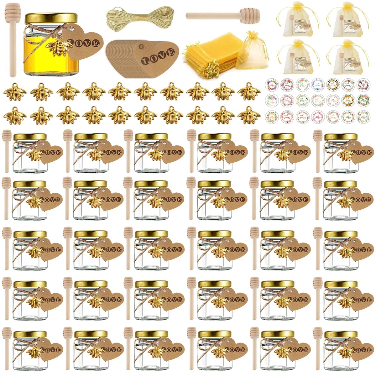 30 pezzi Mini Vasetti Miele,esagonale vasetti di vetro miele da 45ml con coperchio a vite,Mini Vasetti per Miele Esagonali coperchi dorati,pendenti a forma di ape