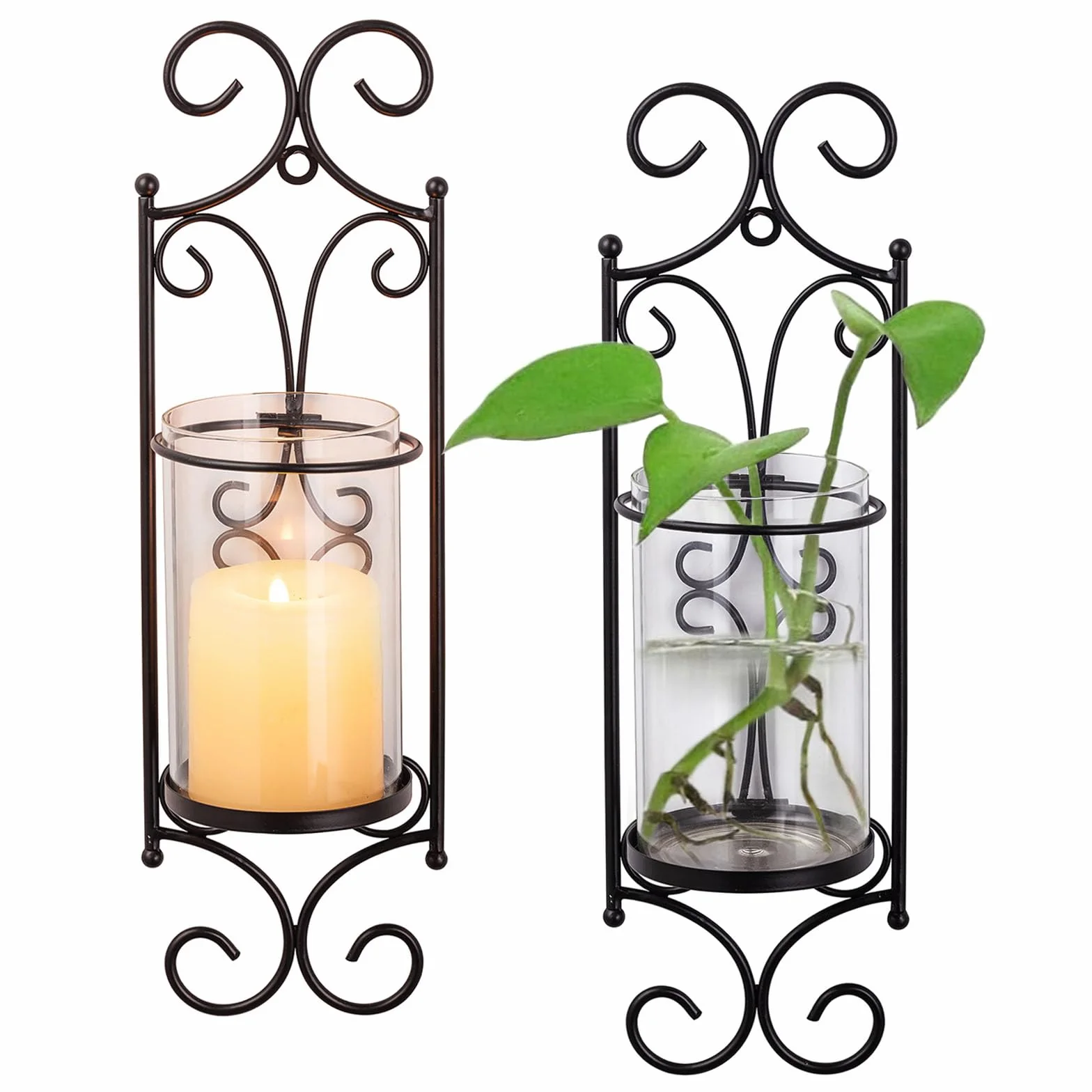 Sziqiqi Portacandele da Parete con Vetro Antivento - Candelabro da Parete Portacandele a Colonna Decorazioni da Parete Candeliere per Soggiorno Camino, Nero