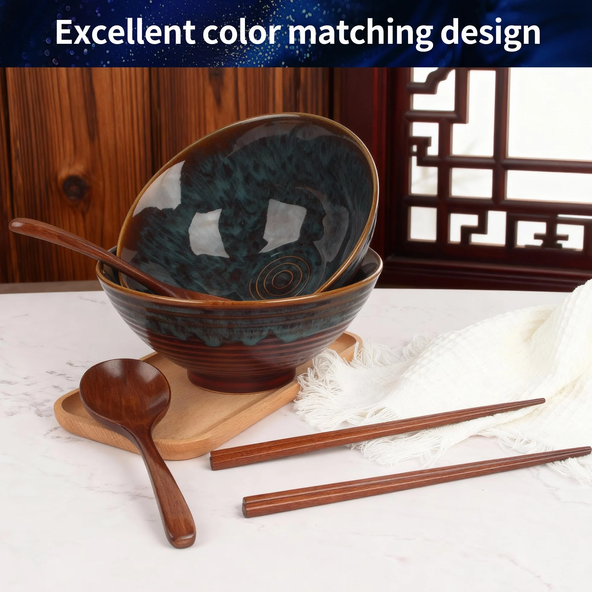 JIYANA 2 x 1200ml Ciotola Ramen in Ceramica con Bacchette e Cucchiai, Ciotole Ramen Giapponesi 20cm, Ramen Bowl Set per Ramen e Noodles, Ciotole Ceramica Bowl per Casa Uso Quotidiano