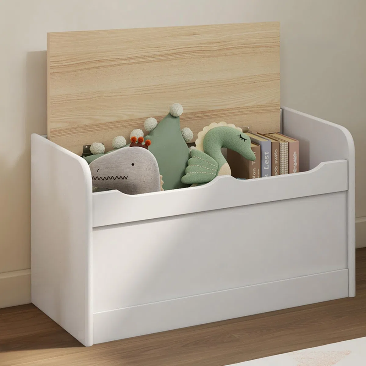 IDMarket - Panca portaoggetti per bambini LOGAN 60 cm in legno bianco e faggio