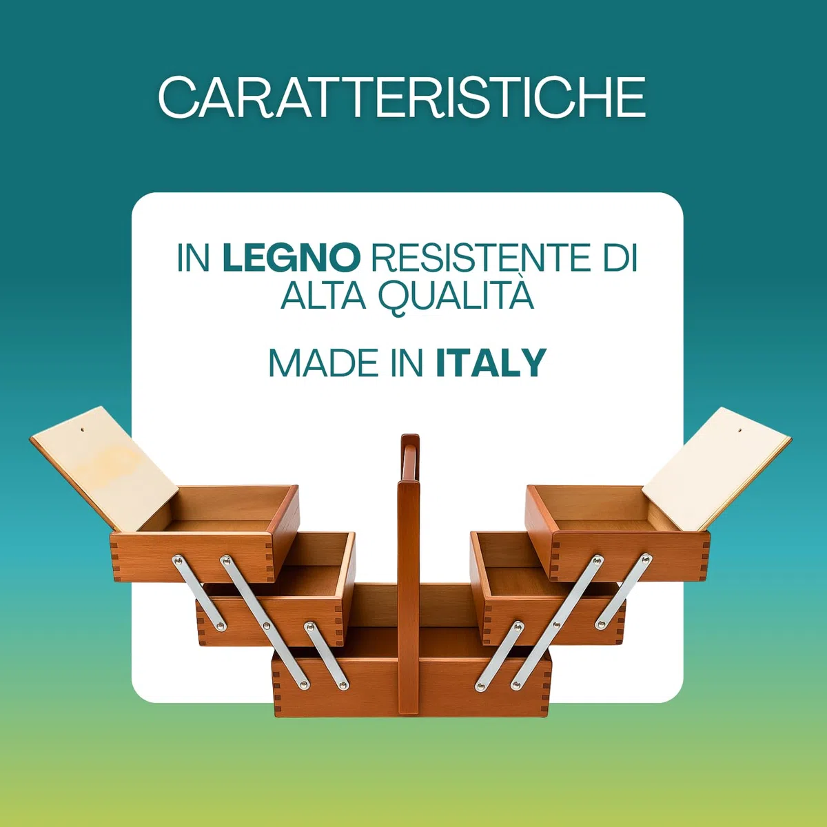 Paluplus Cestino portacucito in Legno a 3 Piani, Misura 34x23x29 cm, Scatola a Scaletta con maniglia e 5 Scomparti per accessori cucito, sartoria e fai da te, Made in Italy -015F -3,1 (Noce)