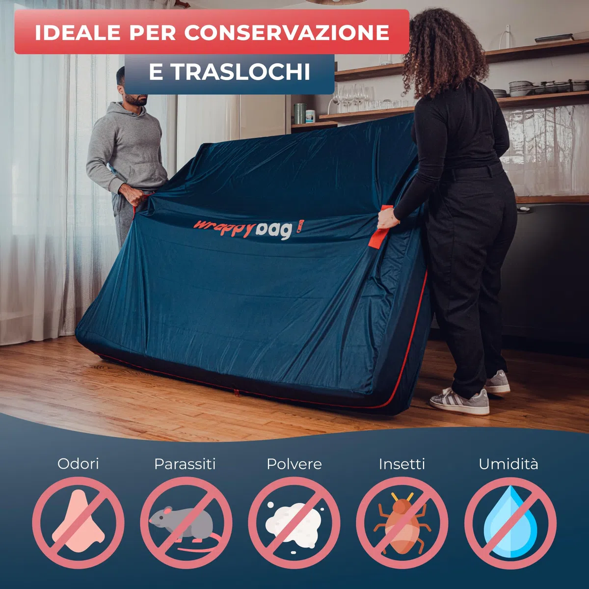 WRAPPYBAG Custodia Materasso Singolo/Matrimoniale in Poliestere Oxford con 4 Manici – Sacco Proteggi Materasso per Trasloco, Conservazione e Trasporto – Matrimoniale 160 x 200 cm – in 5 Misure
