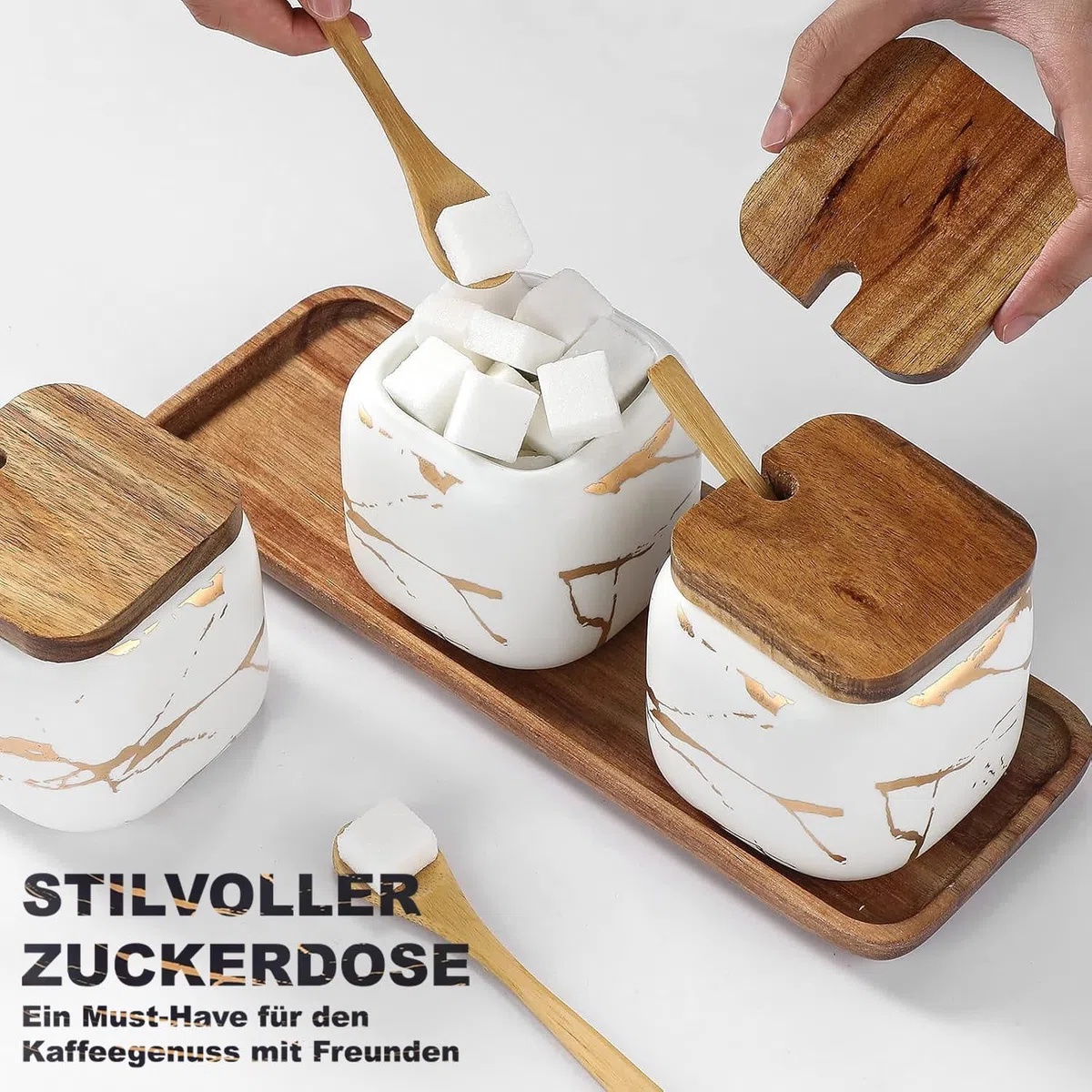 Set Zuccheriera in Ceramica, 3 pz Condimento Box con Coperchio e Cucchiaio e Vassoio, Jar, Scatola, Barattolo Utensili da Cucina Forniture per Spezie, Bianca