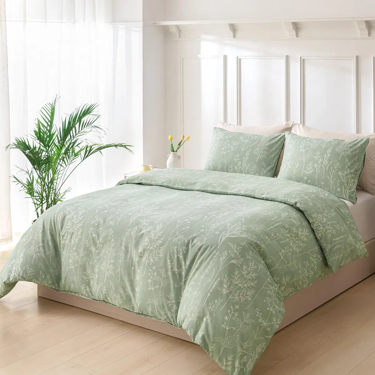 Tokokimo Set Copripiumino Matrimoniale 240x220 cm 100% Microfibra Stile Rami e Foglie Dipinti a Mano, Copripiumone Morbido e Resistente Alle Rughe, 1 copripiumini + 2 Federa 50x80, Verde Salvia