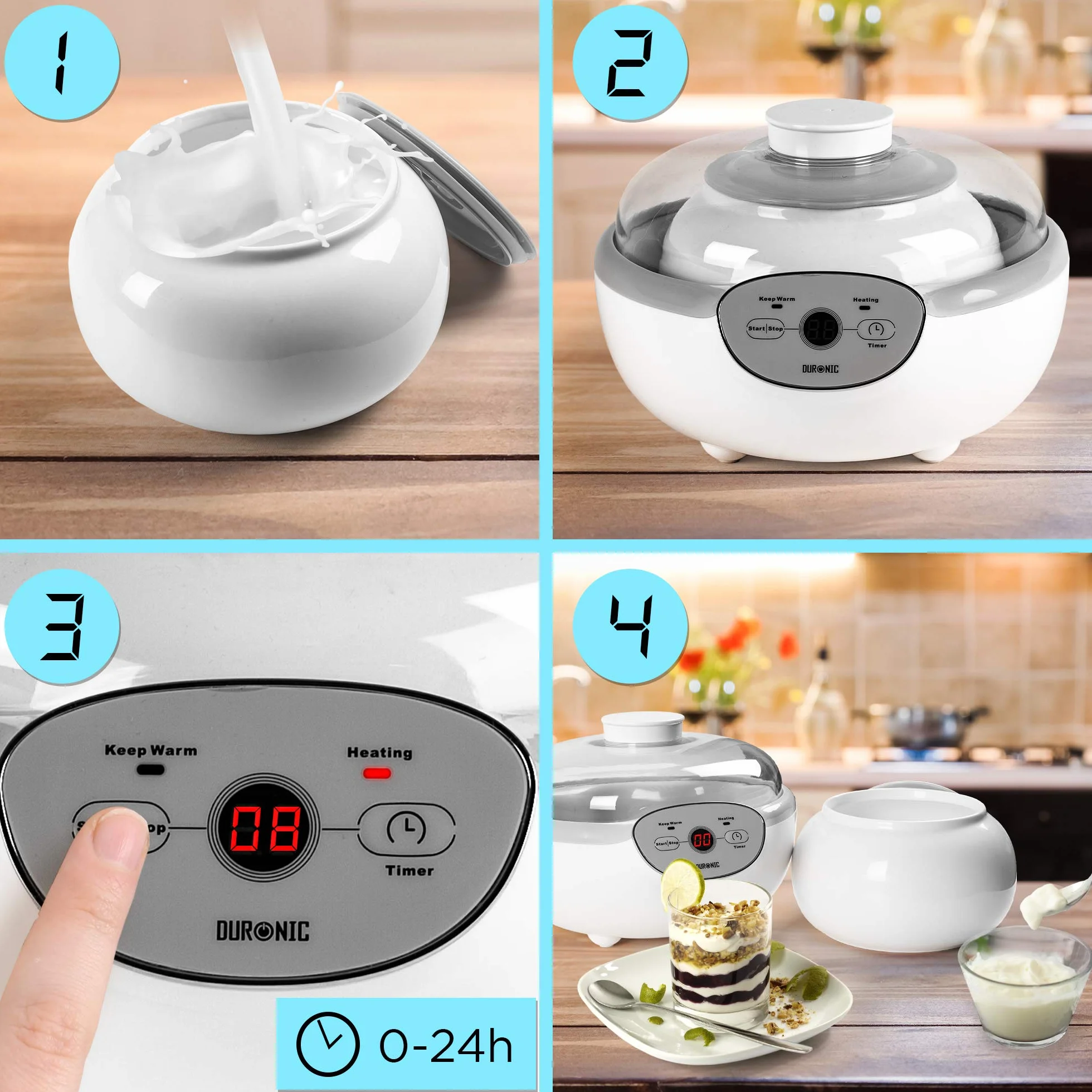 Duronic YM1 Yogurtiera elettrica automatica – 1 vasetto in ceramica da 1.5 litri - Macchina per yogurt con display digitale timer impostabile - Ideale per preparare yogurt fatti in casa