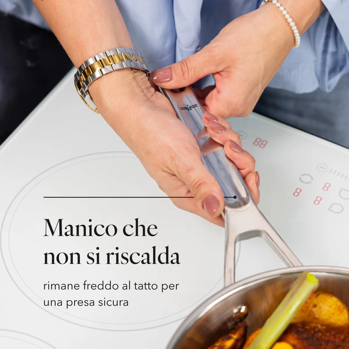 Florina Padella in acciaio inox LUCIDA | 28 CM | 3 strati | Nucleo in alluminio | Adatta al forno | Manico ergonomico | Finitura a specchio | Per tutti i piani cottura
