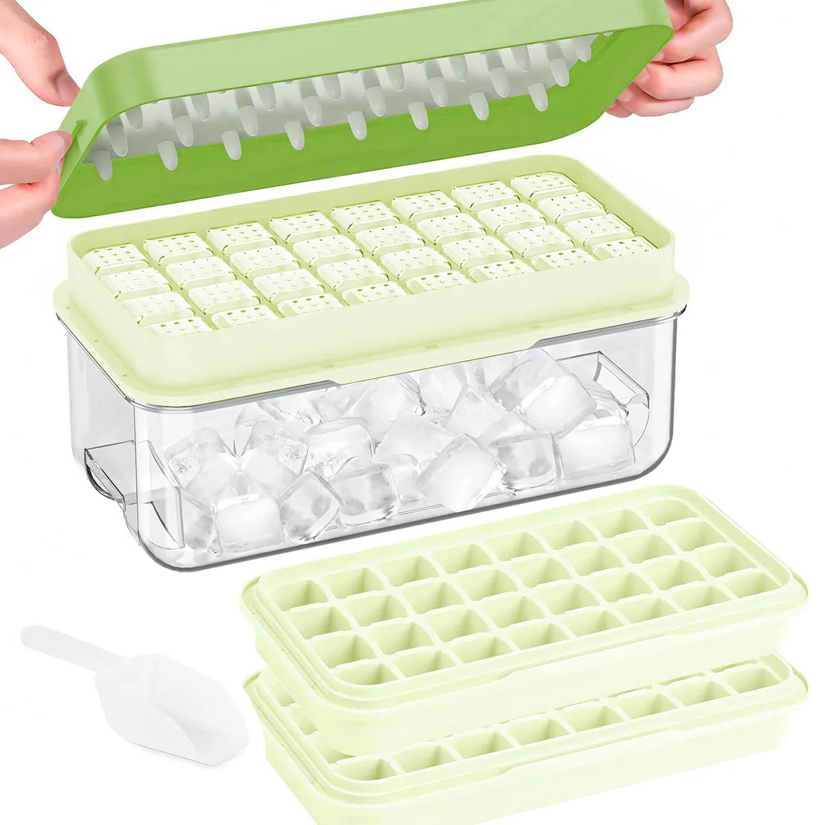 Vassoi per cubetti di ghiaccio con coperchio, stampo per cubetti di ghiaccio a 64 griglie - senza BPA, vaschette per cubetti di ghiaccio quadrate con rilascio facile in un secondo (Verde, 2 livelli)