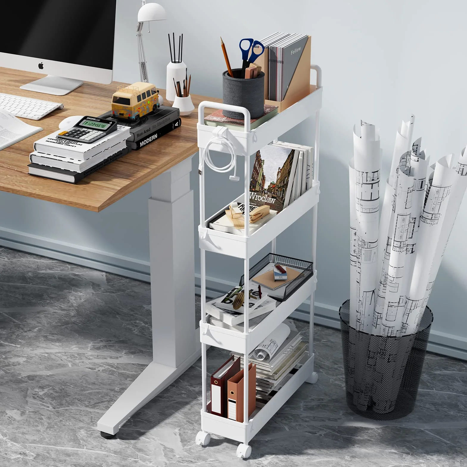 SOLEJAZZ Carrello portaoggetti a 4 ripiani Carrello scorrevole e scorrevole Carrello portaoggetti mobile per cucina, bagno, lavanderia, camera da letto, spazi stretti, plastica, bianco