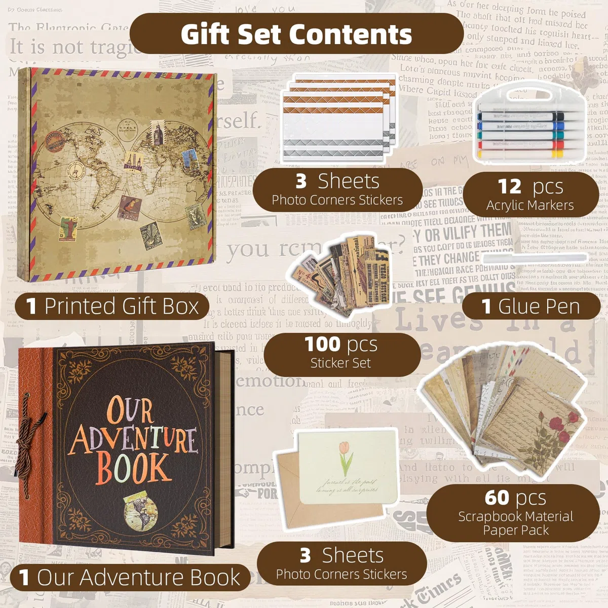 Kit per Album di Ritagli, 25,5 x 25,5 cm Fai da Te con Copertina Rigida in Carta Kraft con 40 Fogli e 80 Pagine, Regalo Creativo per Anniversario, Matrimonio, Compleanno, Viaggio