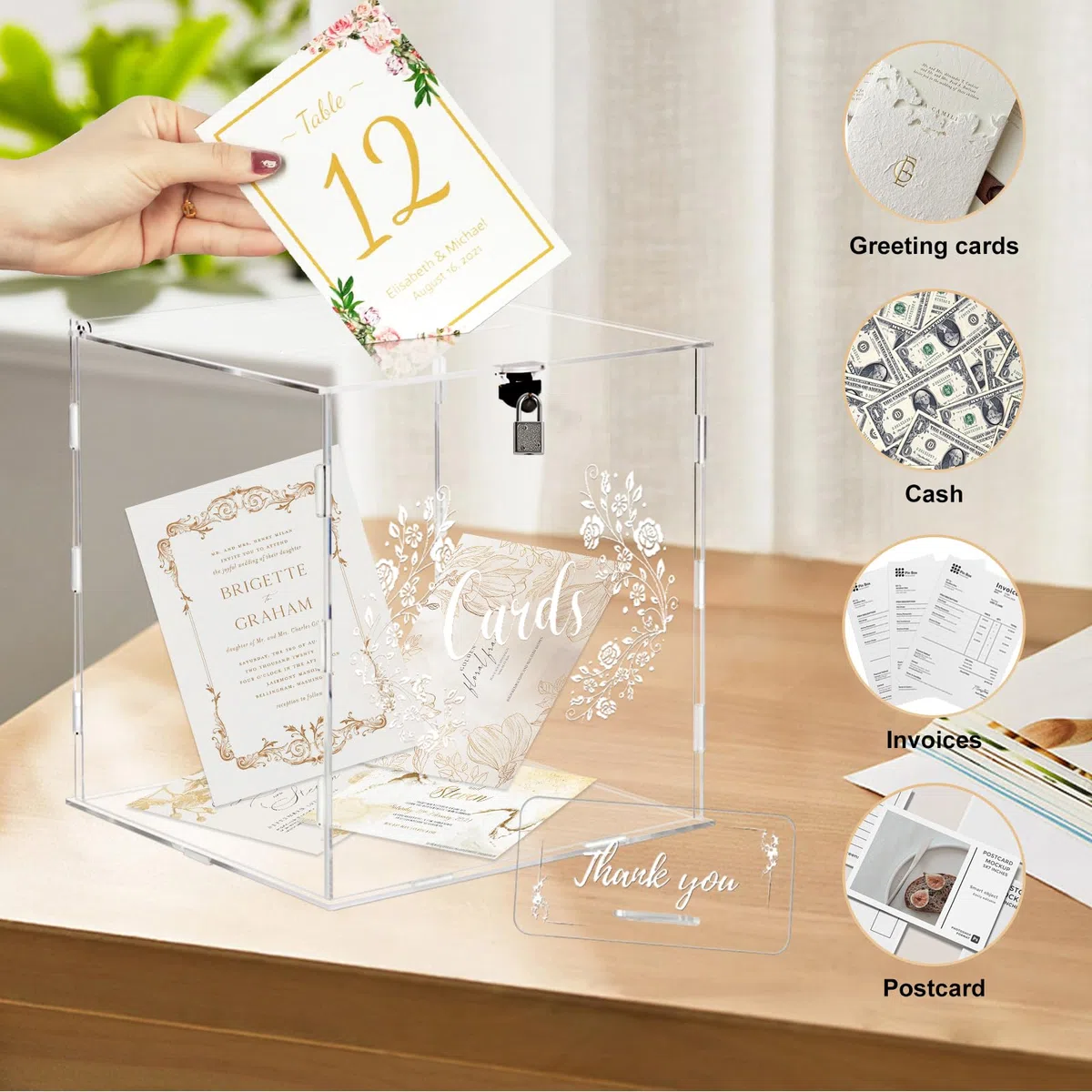ECOSEAO Acrilico Scatola di Carte di Nozze, Scatola per Matrimonio con Serratura e Slot, Postale di Nozze Trasparente per Buste Regalo Nozze, per Matrimonio, Anniversario Festa di Compleanno