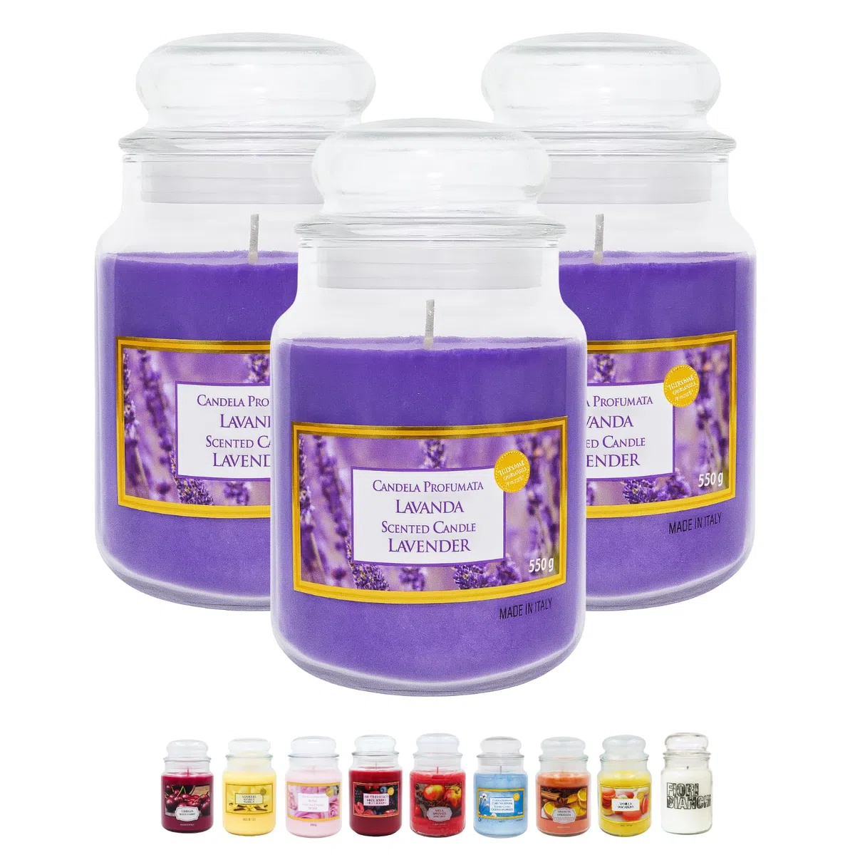 Virsus Candele profumate in Giara Grande, Set da 3 Candele in Vasetto di Vetro da 510 grammi, Profumo Relax per Interno (Lavanda)