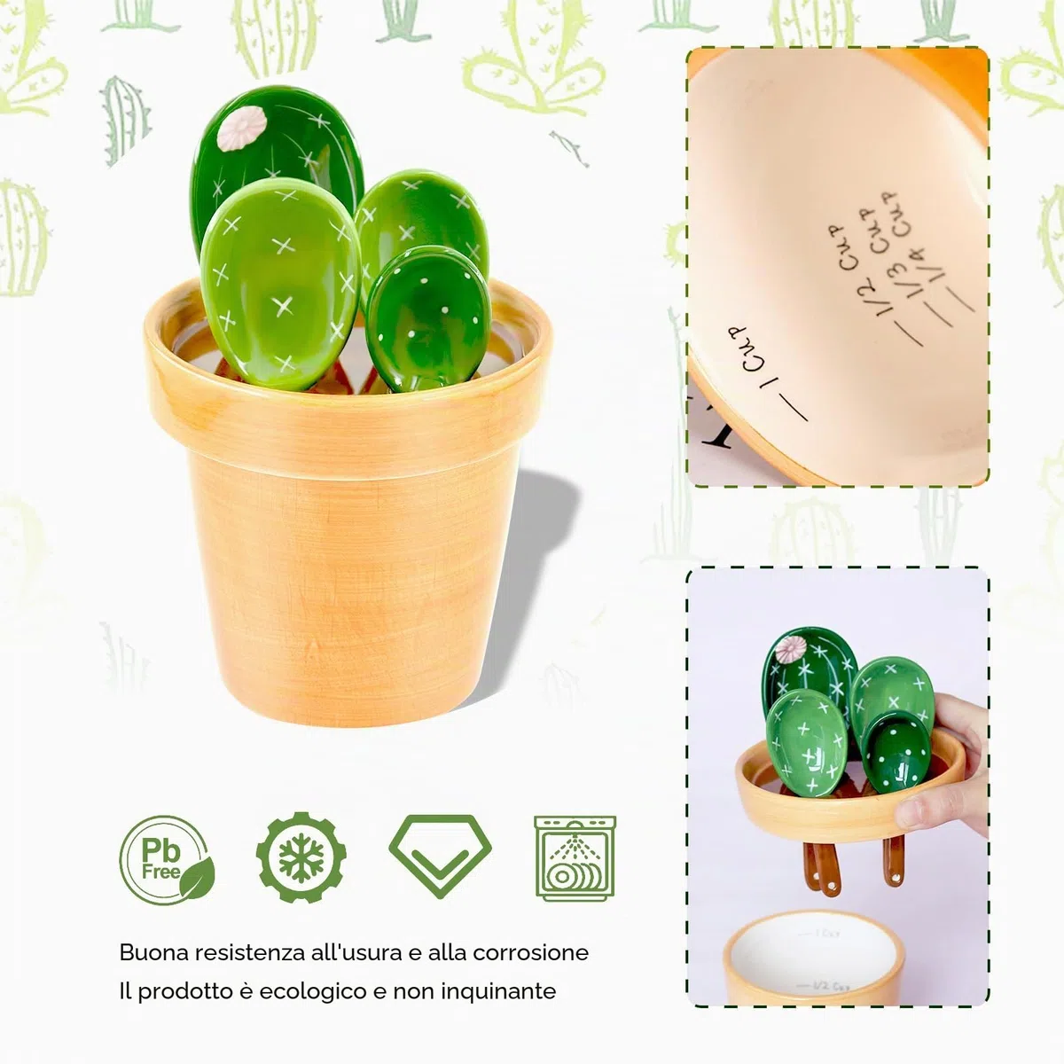Set di cucchiai dosatori in ceramica a forma di cactus, 5 pezzi, simpatici misurini e cucchiai per cucina, per misurare liquidi, alimenti, sale e zucchero, con base tazza (verde)