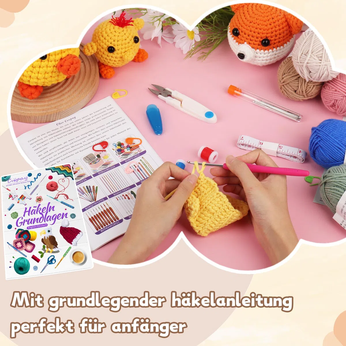 Coopay Set all'uncinetto per principianti, set completo con 15 lana, uncinetti ergonomici, borsa portatile e accessori all'uncinetto, uncinetto da 2,0 a 10 mm con impugnatura in gomma TPR, set regalo