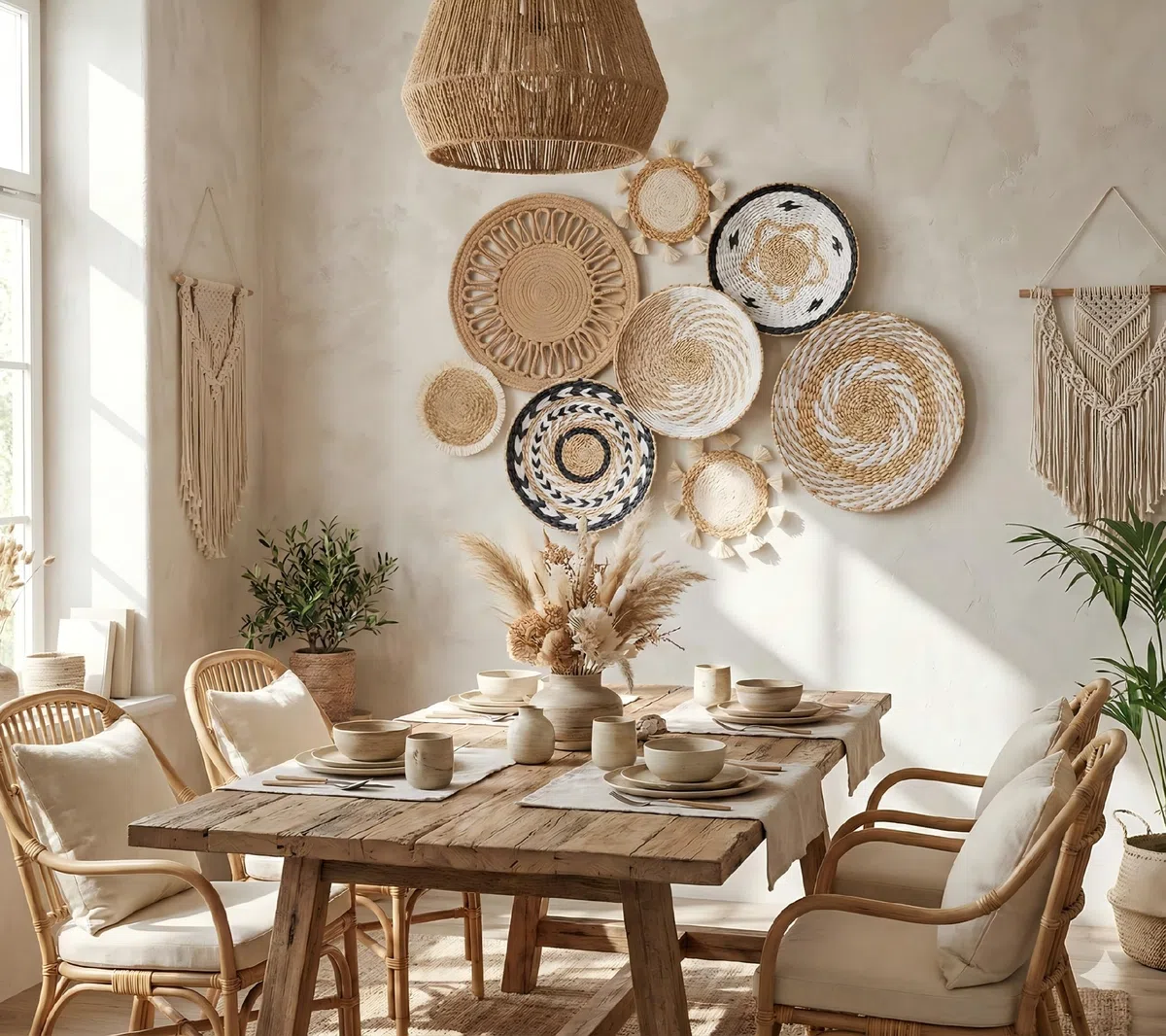 SZKKQKJ Set di 8 cestini da parete in tessuto boho, decorazione da parete, stile boho, decorazione da parete, decorazione da parete rotonda, fatti a mano per soggiorno e camera da letto