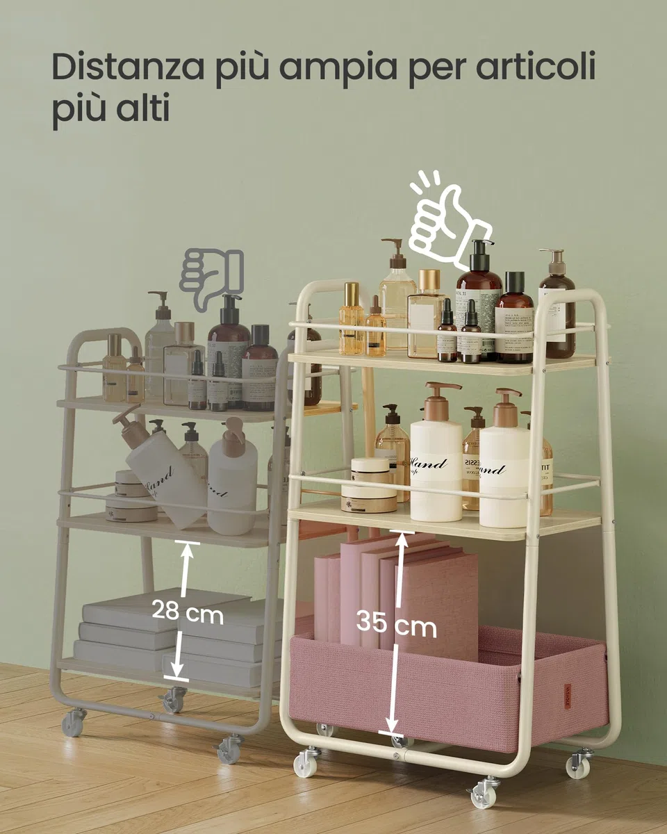 VASAGLE LILEA Collezione - Carrello Portaoggetti con Cesto in Tessuto, Carrello a 3 Ripiani con Ruote, Carrellino per Soggiorno Camera da Letto Cucina, Beige Naturale e Bianco Crema LRC001LL02