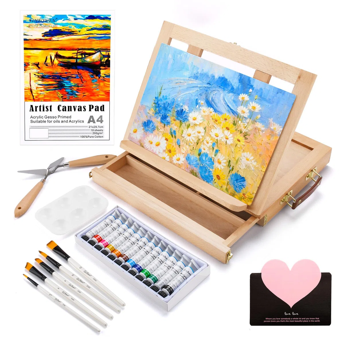USHOP Cavalletto Pittura,Cavalletto da Tavolo,Set di pittura acrilica da 24 pezzi,12 colori acrilici,5 pennelli,2*Spatola,Tavolozza Colori e Tela A4,per Professionisti e Hobbisti