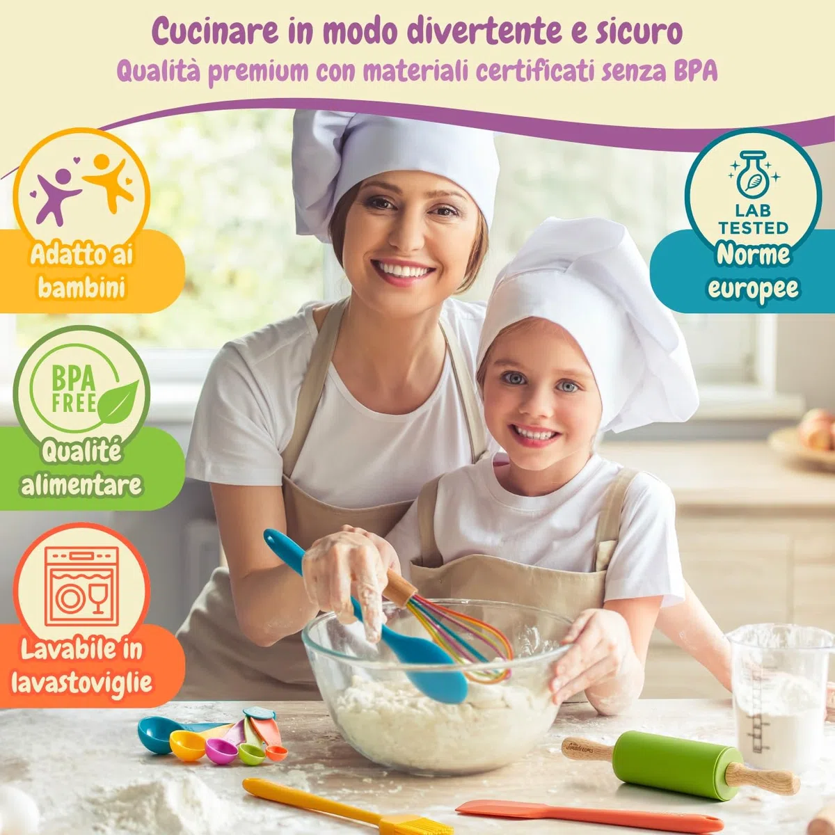 Set Cucina Bambini Montessori - Utensili Veri e Sicuri, Coltelli Antitaglio per Cucinare - Kit Pasticceria con Attrezzi e Coltello, Gioco Educativo, Regalo Bambina e Bambino 3 Anni