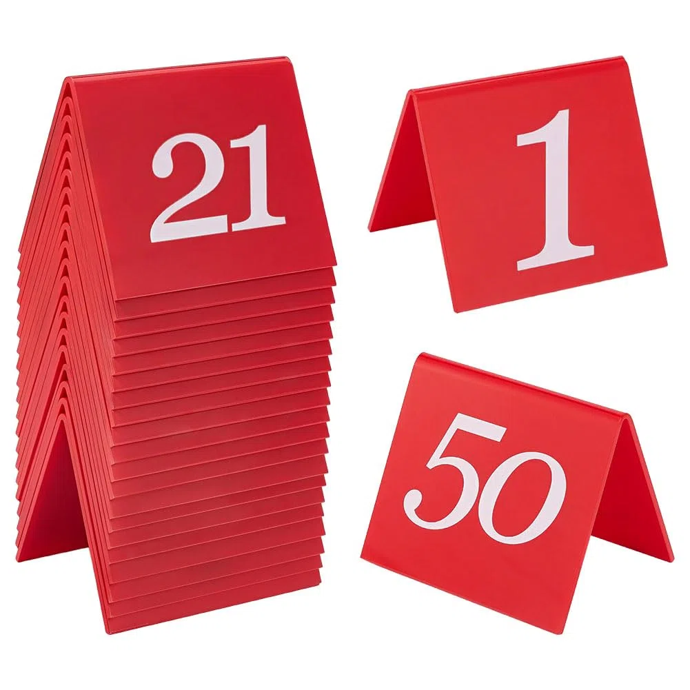 OLYCRAFT 50pz Numeri Da Tavolo In Acrilico 1-50 Numeri Da Tavolo per Ristoranti Numero Da Tavoli A Tenda Bifacciali Cartelli con Numero Rossi 6.3x5.3x5cm per Banchetti Ricevimenti Ristoranti Matrimoni