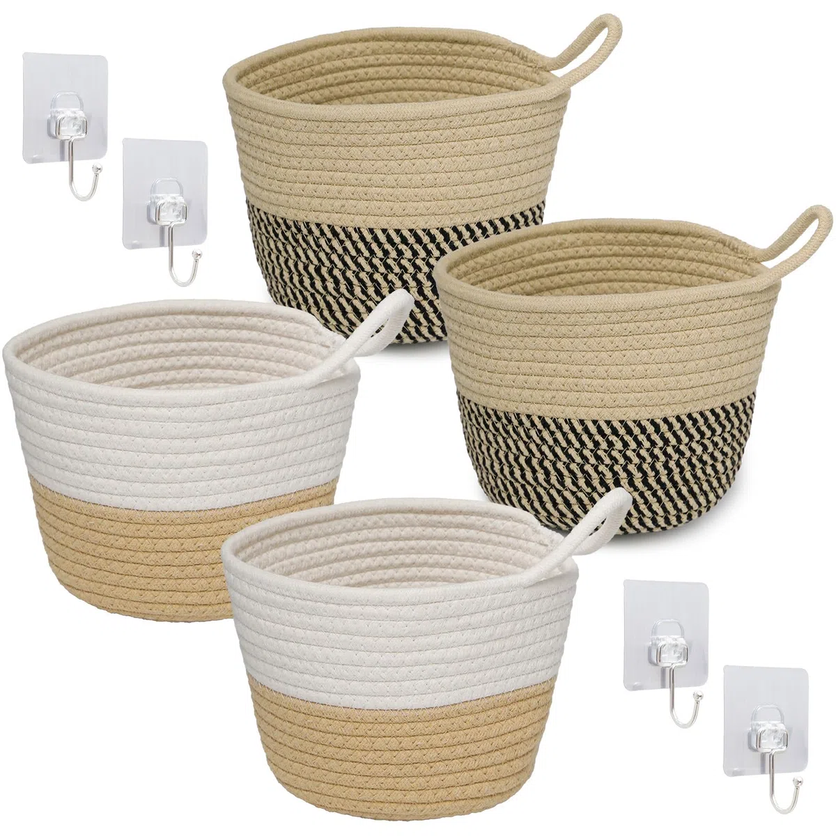 4 Pezzi Cesti Intrecciati Portaoggetti in Corda di Cotone, 15 x 16 cm Cesto Rotondo Corda Piccolo con Manico, Cesti Sospesi da Parete per Armadio, comodino, bagno, camera da letto, soggiorno