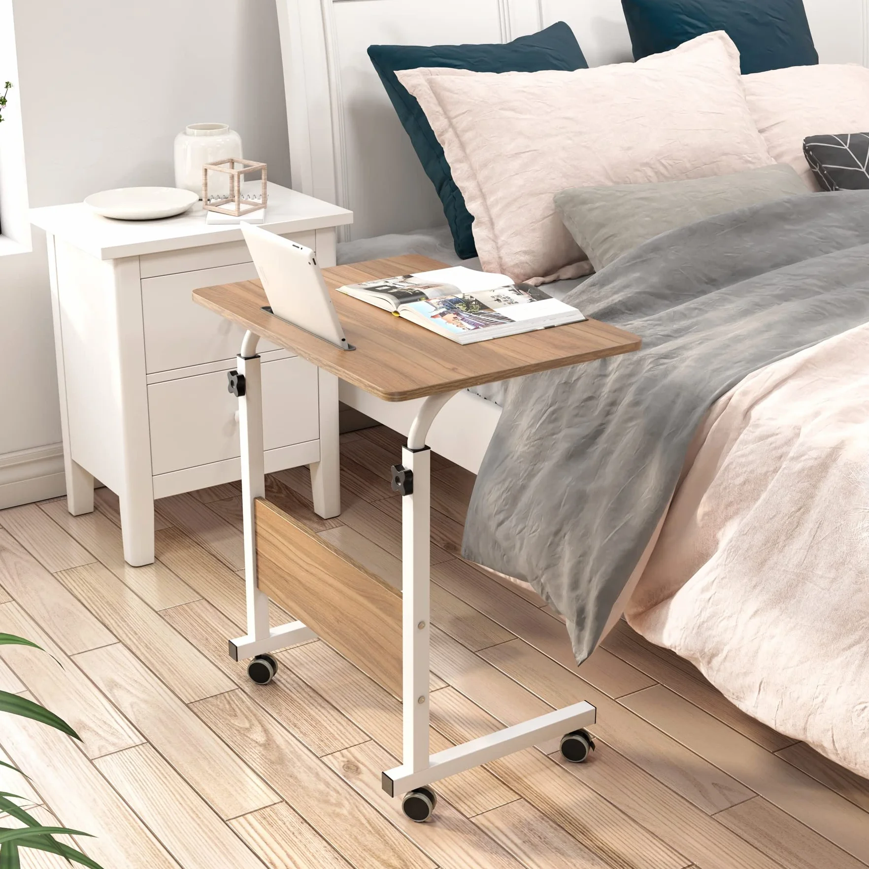 sogesfurniture Scrivania Mobile PC per Lavoro, Tavolino Laptop 60x40cm a Casa o Ufficio con 4 Ruote Mobili, Altezza Regolabile 71-90cm, Portatile Tavolo Laptop Notebook PC, Rovere Chiaro 05#3-60OK-BH