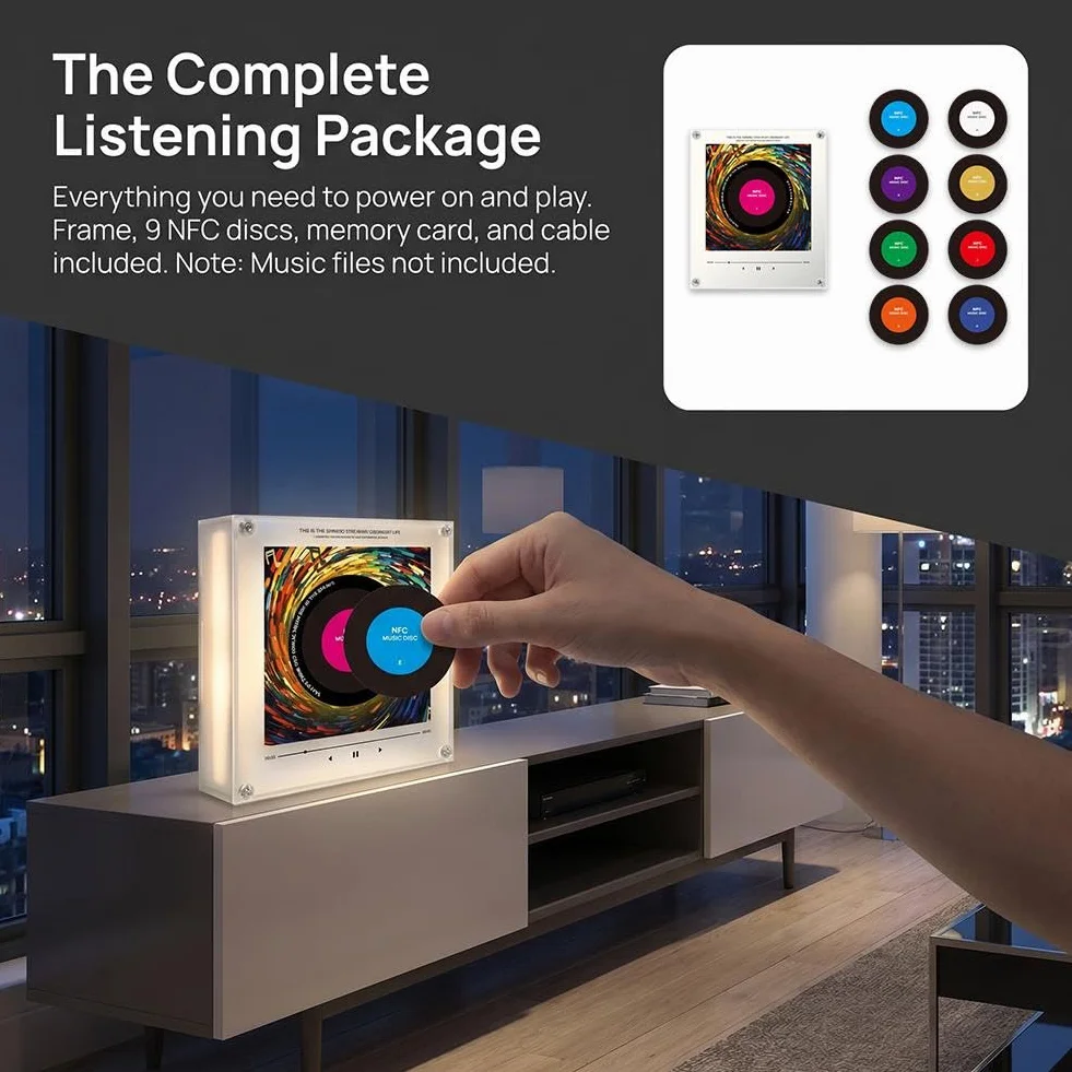 Magneti magnetici per frigorifero NFC a induzione, adesivi cantanti rotanti in vinile, mini jukebox, confezione da 9 adesivi programmabili con audio intelligente con luce