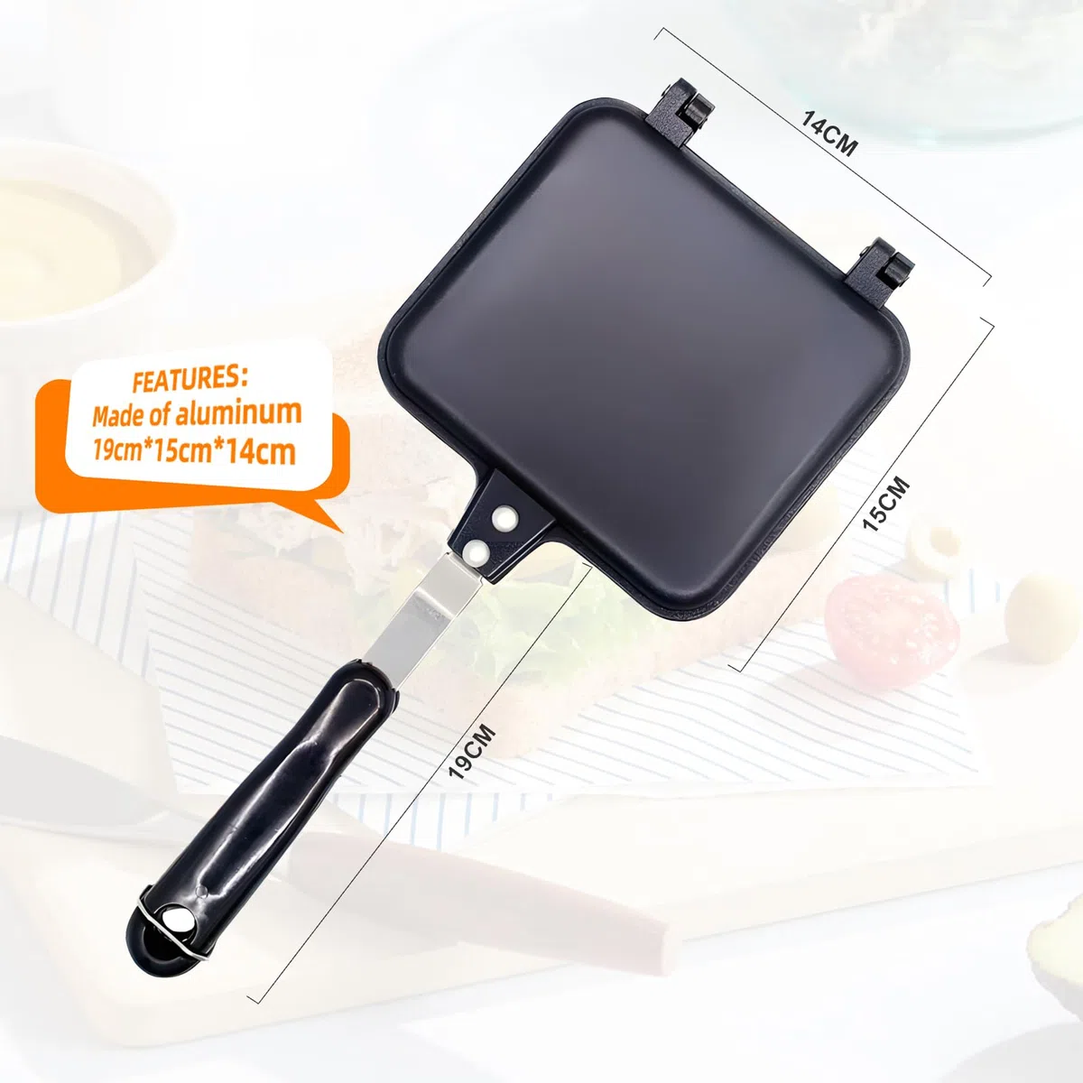 Padella a Doppia Faccia,Tostapane Sandwich Make,Privo di BPA,con Manico Resistente al Calore e Rivestimento Antiaderente,Alluminiofacile da Capovolgere,oer Spuntino e Colazione-19*15*14cm