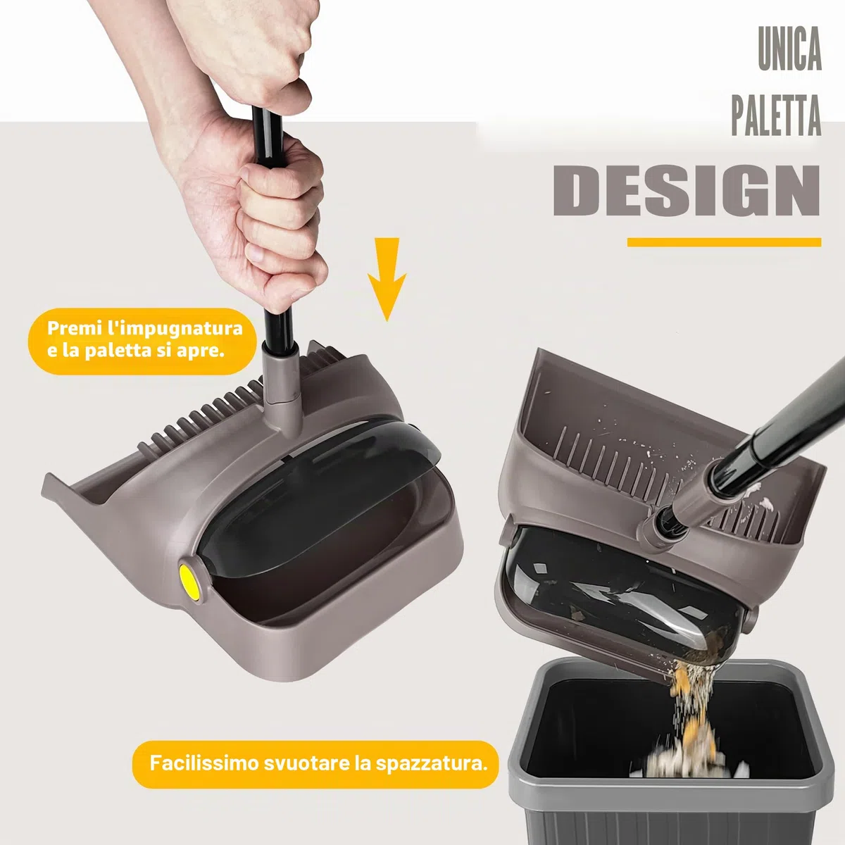 JEHONN Scopa e Paletta con Manico Lungo 138CM, Salvaspazio 180 Gradi Spazzola Brevettato Openable Dustpan Tail Richiudibile per Cucina Giardino Casa Ufficio (Marrone Giallo)