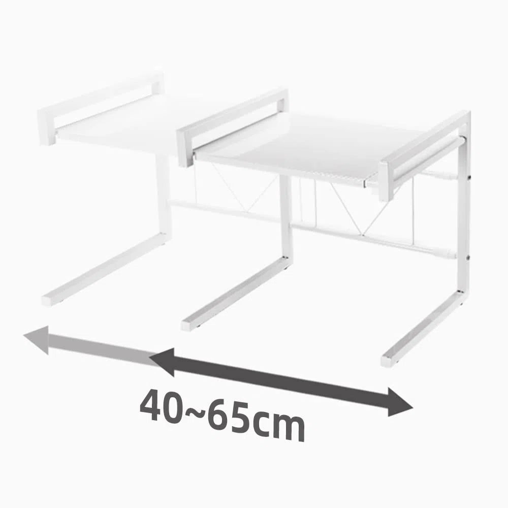 HUOLE Microonde Forno Scaffale Cucina Mensola: Salvaspazio Tavolo Fornetto Supporto Mensole Mobiletto Ripiano Casa Spazio Ripiani per Forno a Micronde Allungabile con Appendi Ganci 42 cm (40-65 cm)