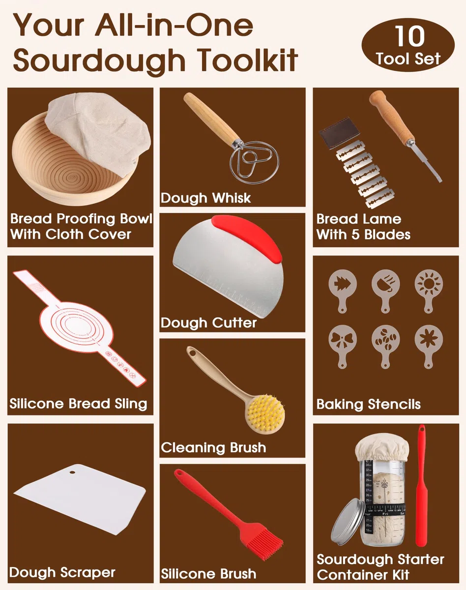 Cestino Lievitazione Pane Rotondo 23cm – 10 Pezzi Kit Completo di Panettiere con Banneton in Rattan Naturale, Sourdough Starter Kit, Lame con 5 Lame, Tappetino in Silicone, Raschietto e 16 Stencil