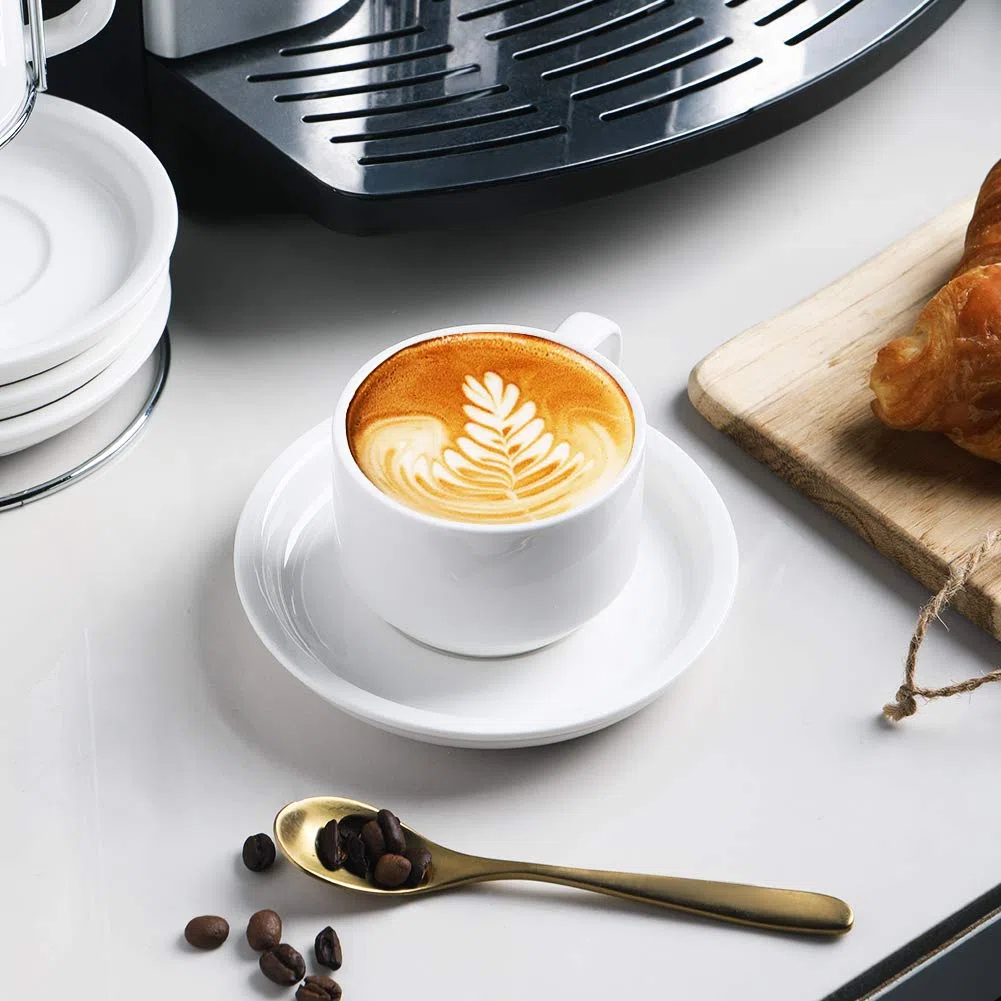 Sweejar Home Set di tazze da cappuccino in porcellana con piattini e supporto in metallo, tazze da espresso impilabili per bevande da caffè speciali, latte, Americano, tè con set di 4 (bianco, 120ml)