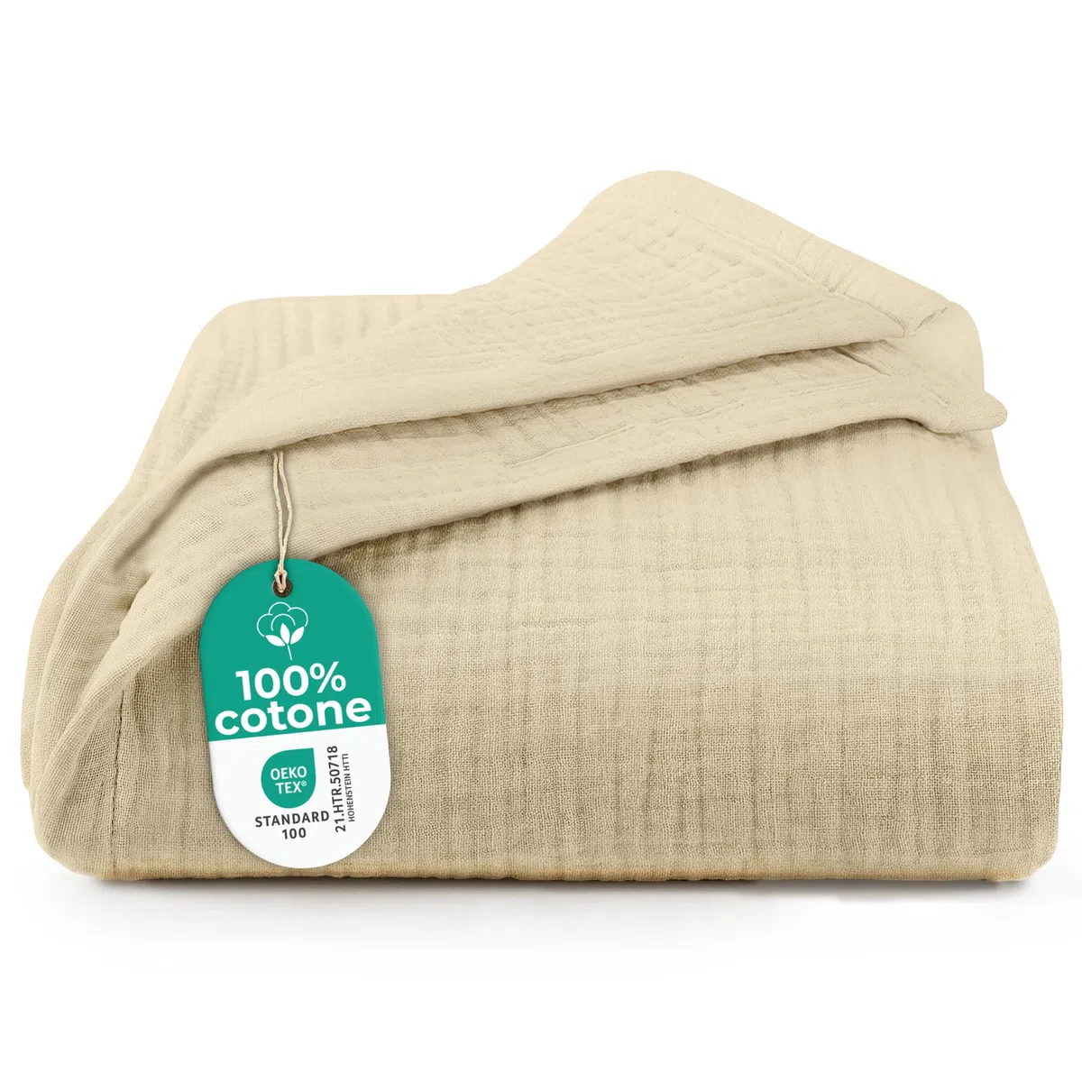 Dreamzie Coperta leggera in mussola 150x200 cm – 100% cotone – Coperta divano estiva e plaid traspirante – Copriletto leggero in garza di cotone certificata Oeko-Tex – Beige