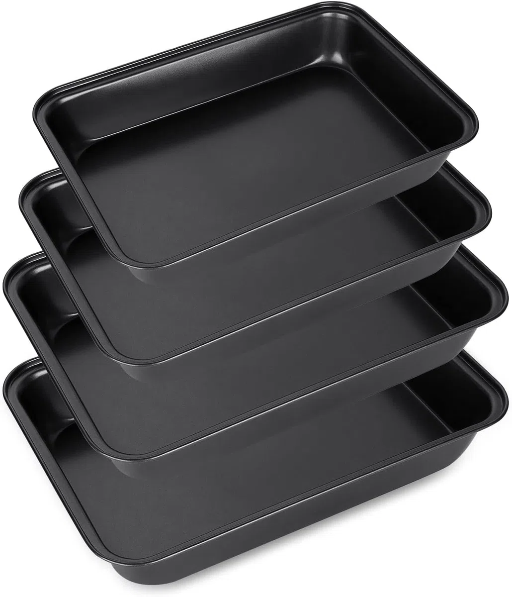 Set di 4 Teglie da Forno Rettangolari Antiaderenti, 3 Dimensioni in Carbon Steel Senza PFOA, Piastre per Arrostire, Cuocere e Servire, Nero