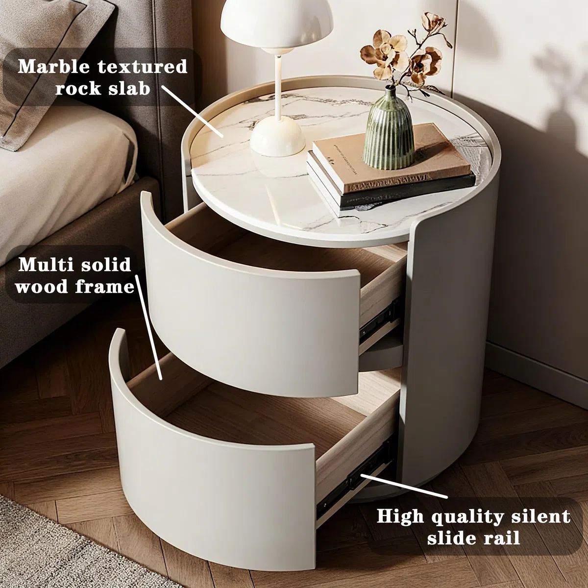 Comodino rotondo con piano in marmo, moderno, comodino in pelle, con 2 cassetti in legno massiccio, per camera da letto, soggiorno, grigio, 40 x 40 x 50 cm