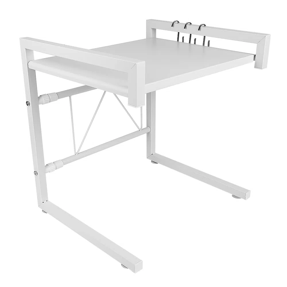 HUOLE Microonde Forno Scaffale Cucina Mensola: Salvaspazio Tavolo Fornetto Supporto Mensole Mobiletto Ripiano Casa Spazio Ripiani per Forno a Micronde Allungabile con Appendi Ganci 42 cm (40-65 cm)