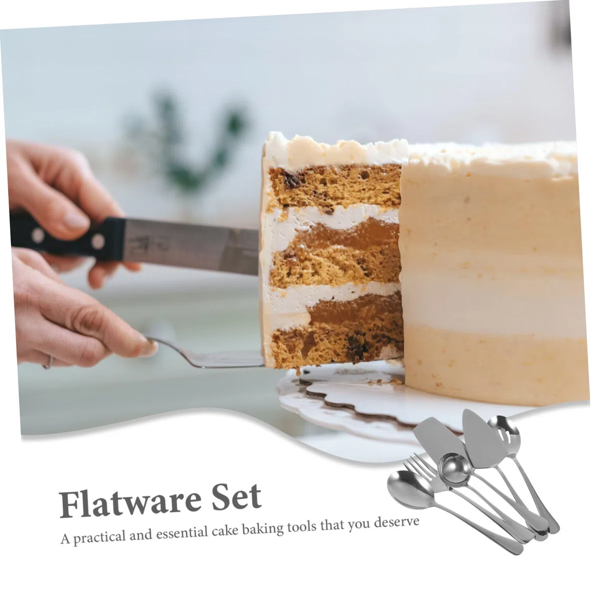 Set da 1 Utensile per Torta in Acciaio Inossidabile Argento Cucchiaio e Forchetta, Facile da Pulire e Presa, per Anniversari e Campeggio