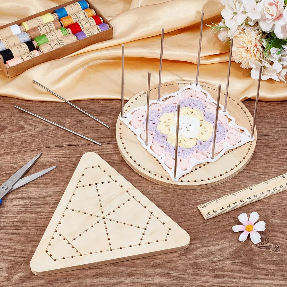 PH PandaHall Telaio per Tessitura In Legno 2 Stili Telaio per Pizzi con 10 Aste In Acciaio Inox 304 Tavolo per Uncinetto Triangolare Tagliere per Uncinetti Rotondo per Artigianali Cucito A Maglia