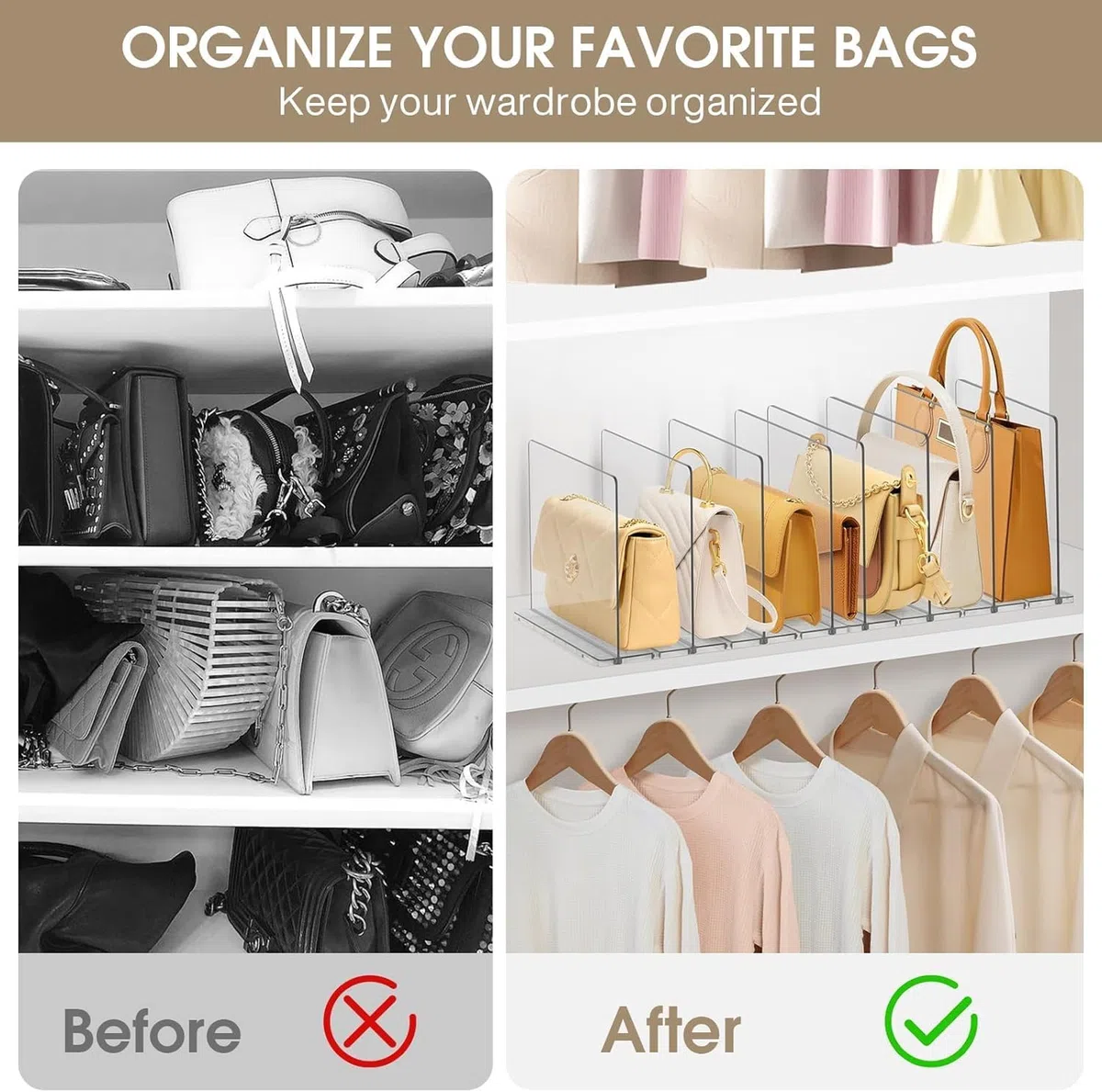 DoubleCare 8 Pezzi Organizer per Borse, Mensole Guardaroba，Divisorio per Ripiani in Acrilico TrasparenteSeparatori per Armadi Regolabili con Base, Perfetto per Borse, Cucine, Librerie, Armadi