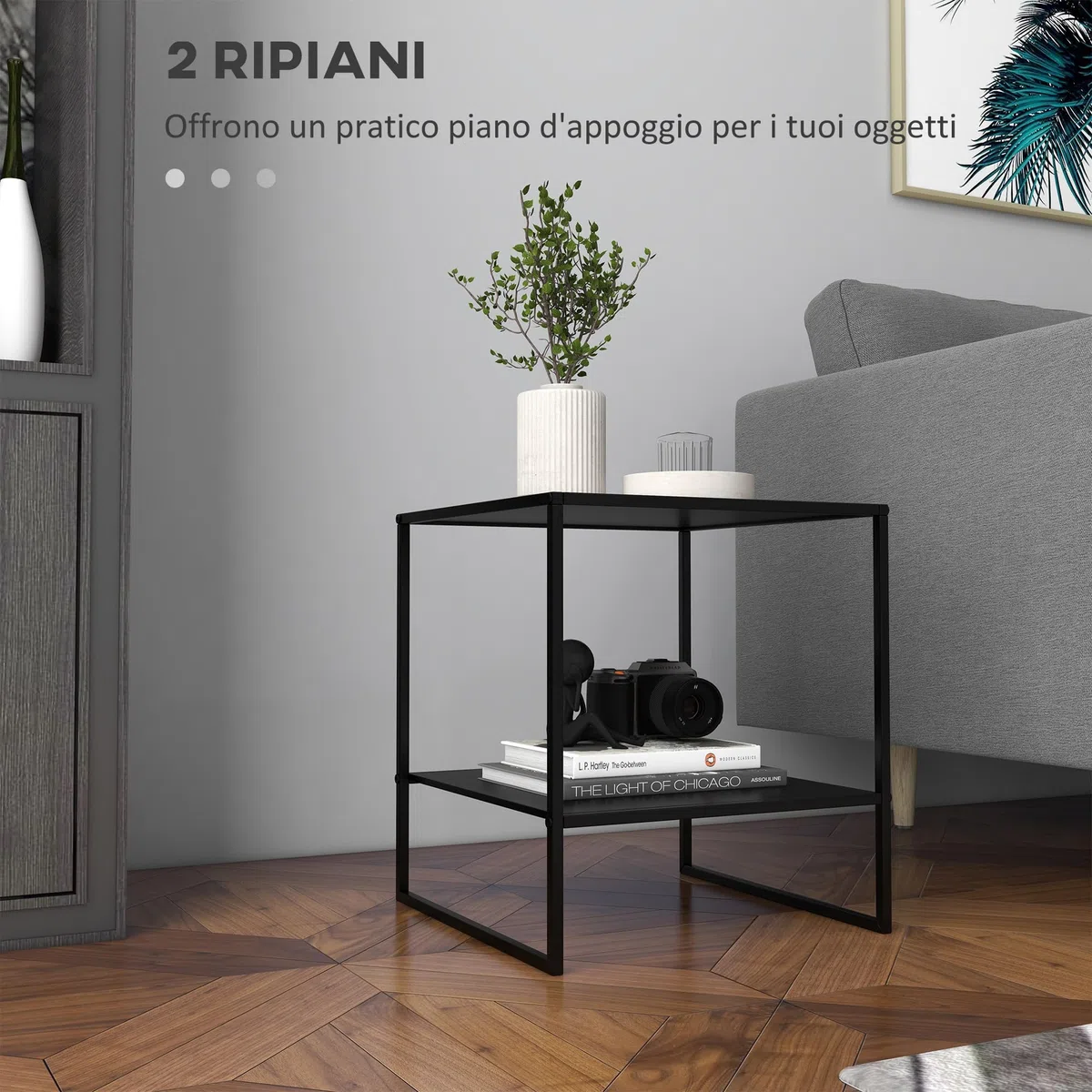 HOMCOM Tavolino da Salotto in Stile Industriale a 2 Ripiani, Comodino Moderno in Acciaio 40x40x45cm, Nero