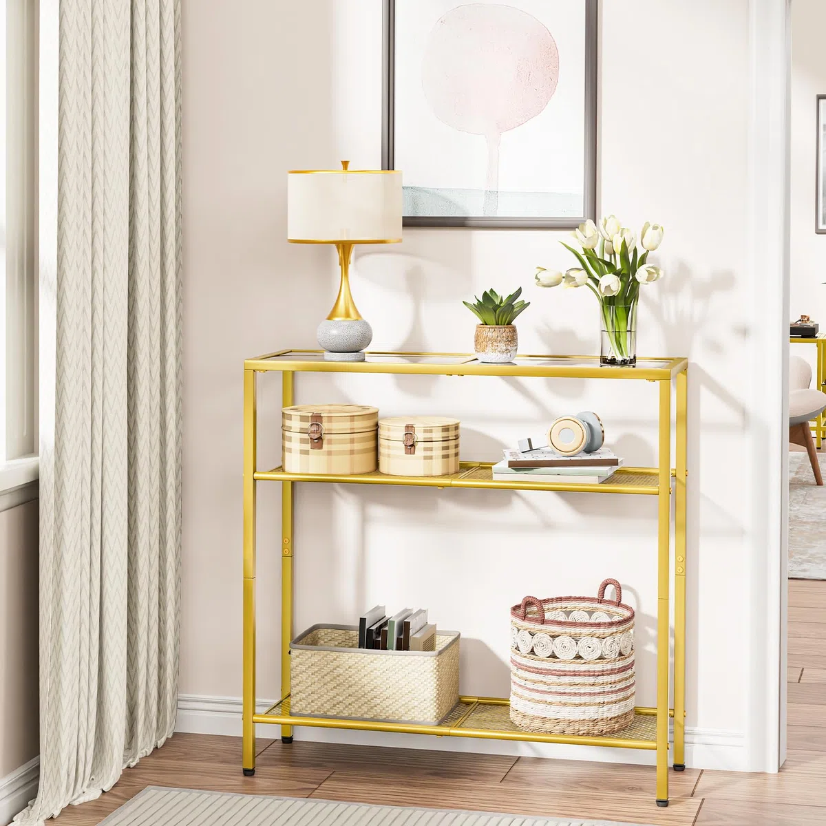 HOOBRO Tavolo Console a 3 Ripiani, 75 cm Ingresso Con Piano di Vetro Temperato, per Entrata, Soggiorno, Corridoio, Camera da Letto, Dorato EGD21XG01G1