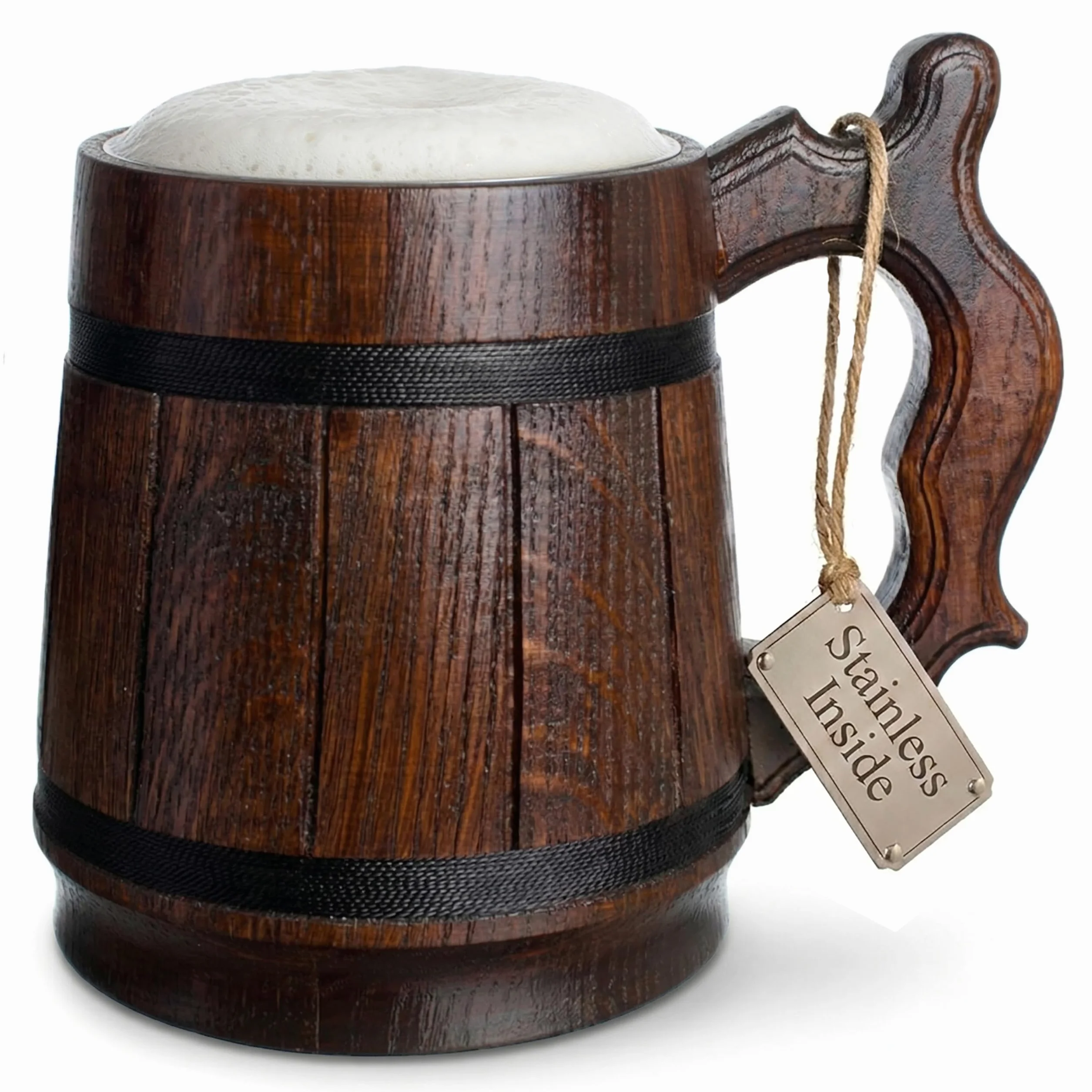 Boccale di birra fatto a mano in legno di rovere con acciaio inossidabile Ecologico naturale 0,6 litri (20 once) marrone retrò