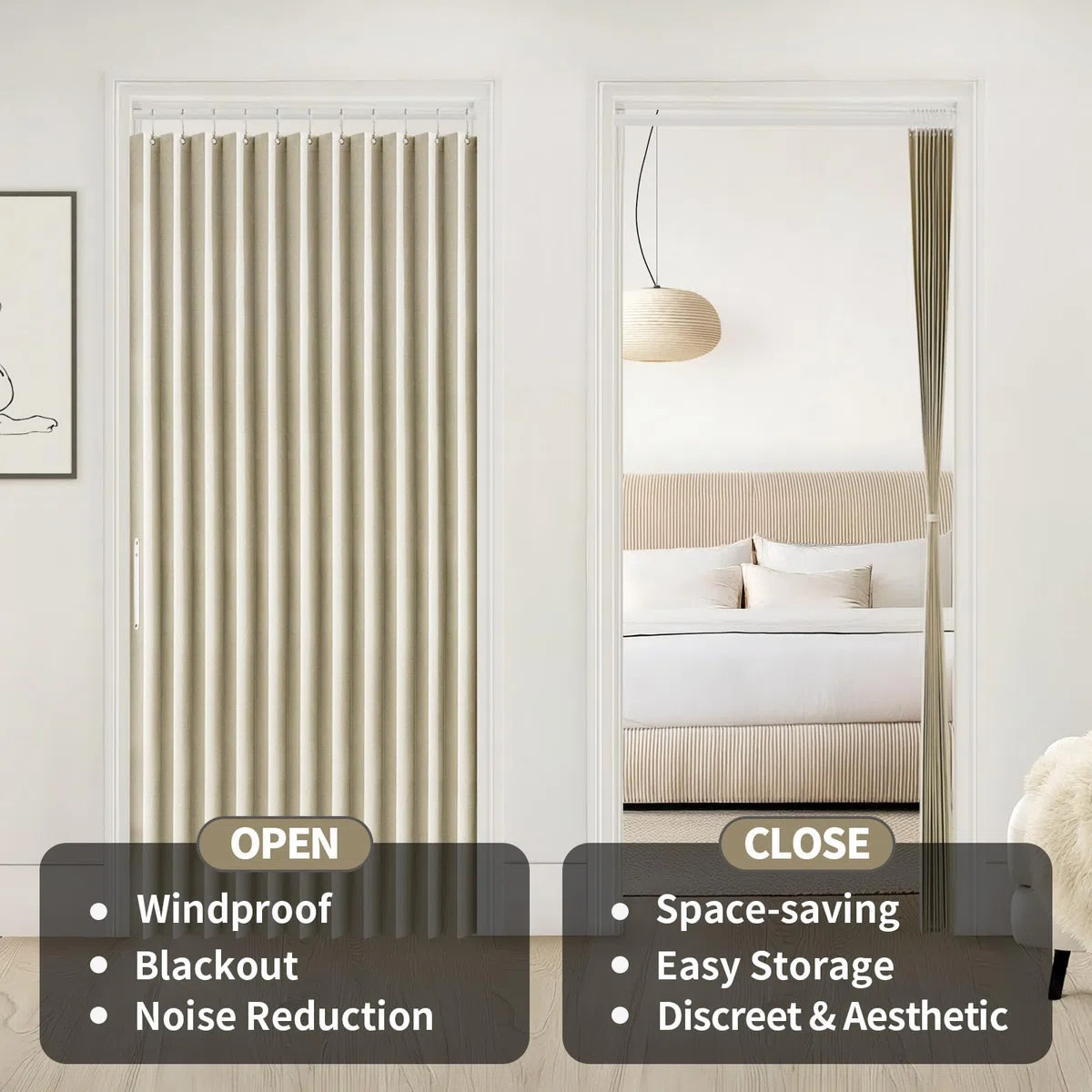 RINHARTEX Tenda magnetica oscurante a fisarmonica, per armadio, pieghettata, pieghevole, per porta, divisorio interno, camera da letto, bagno, soggiorno (106 x 198 cm, beige crema)