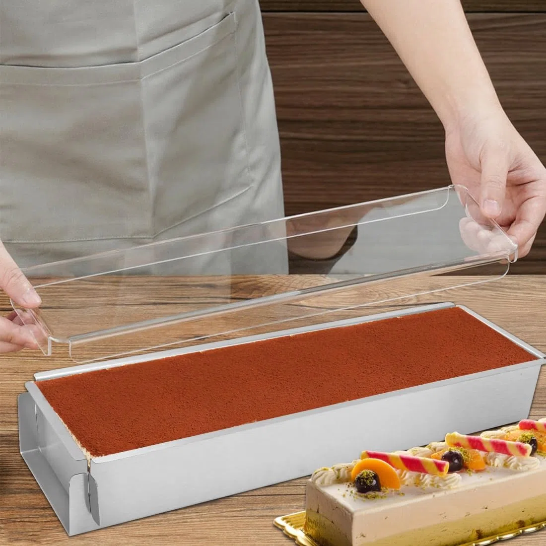 RANJIMA Teglia Rettangolare Regolabile Rettangolare con Coperchio in Acrilico, Stampo per Torte in lega di Alluminio per Preparazione di Torte Toast Pane Torte a Strati per Feste di Compleanno
