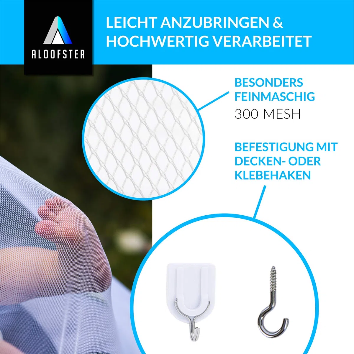 Zanzariera – Grande zanzariera (oltre 12 metri) con maglie particolarmente sottili per letto matrimoniale, letto familiare o esterno – con accessori da viaggio
