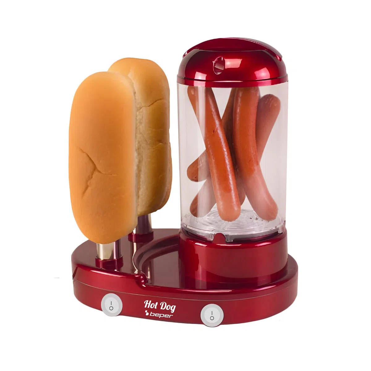 BEPER P101CUD502 Macchina per Hot Dog e Cuociuova 3in1, Cuocitore a Vapore per Wurstel e Uova, Scaldapane con 2 Aste in Acciaio Inox, 440W, Doppio Interruttore