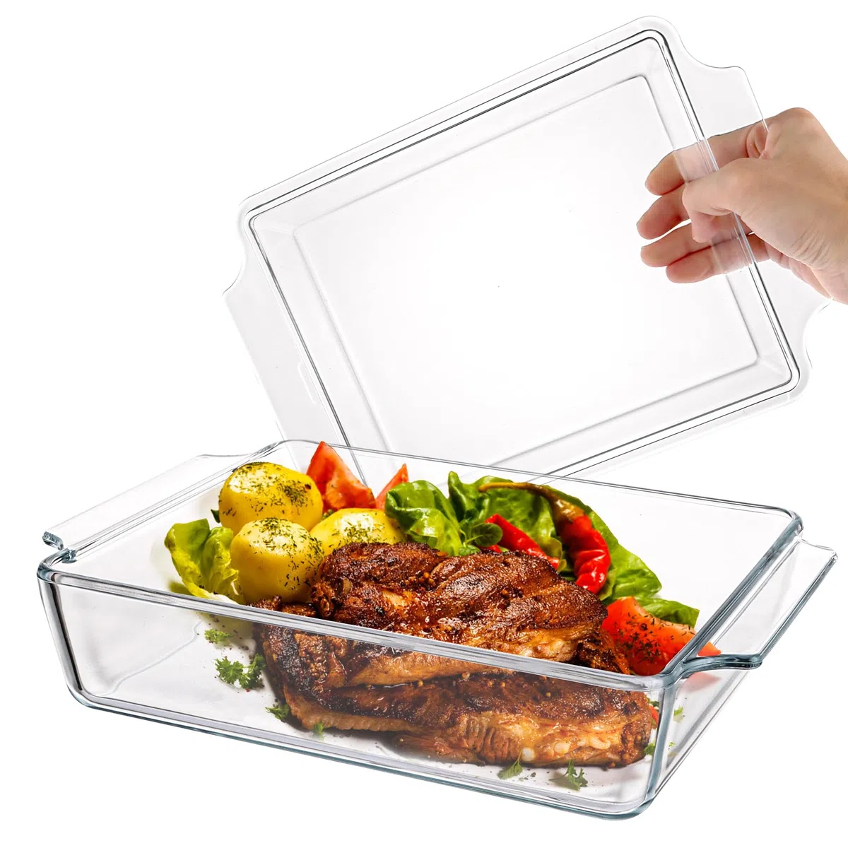 Pirofila rettangolare da 2 l, con coperchio, in vetro, 29 x 20 x 9 cm, per arrosti, forno, fornelli elettrici, pirofila resistente al calore per lasagne, carne