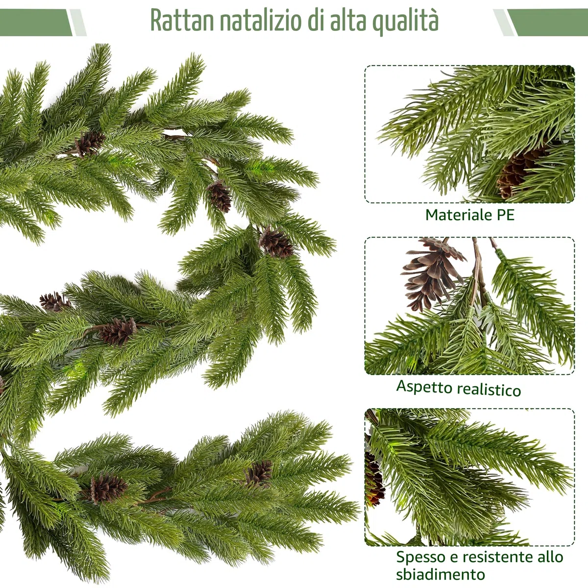 ROLLWAY Ghirlanda Natalizia Verde Lunga 185cm, Rami di Pino Artificiale Ghirlande Natale per Esterno e Interno Festone Natalizio Verde Ghirlande di Abete Natalizie Decorazioni per Porta Scale Camino