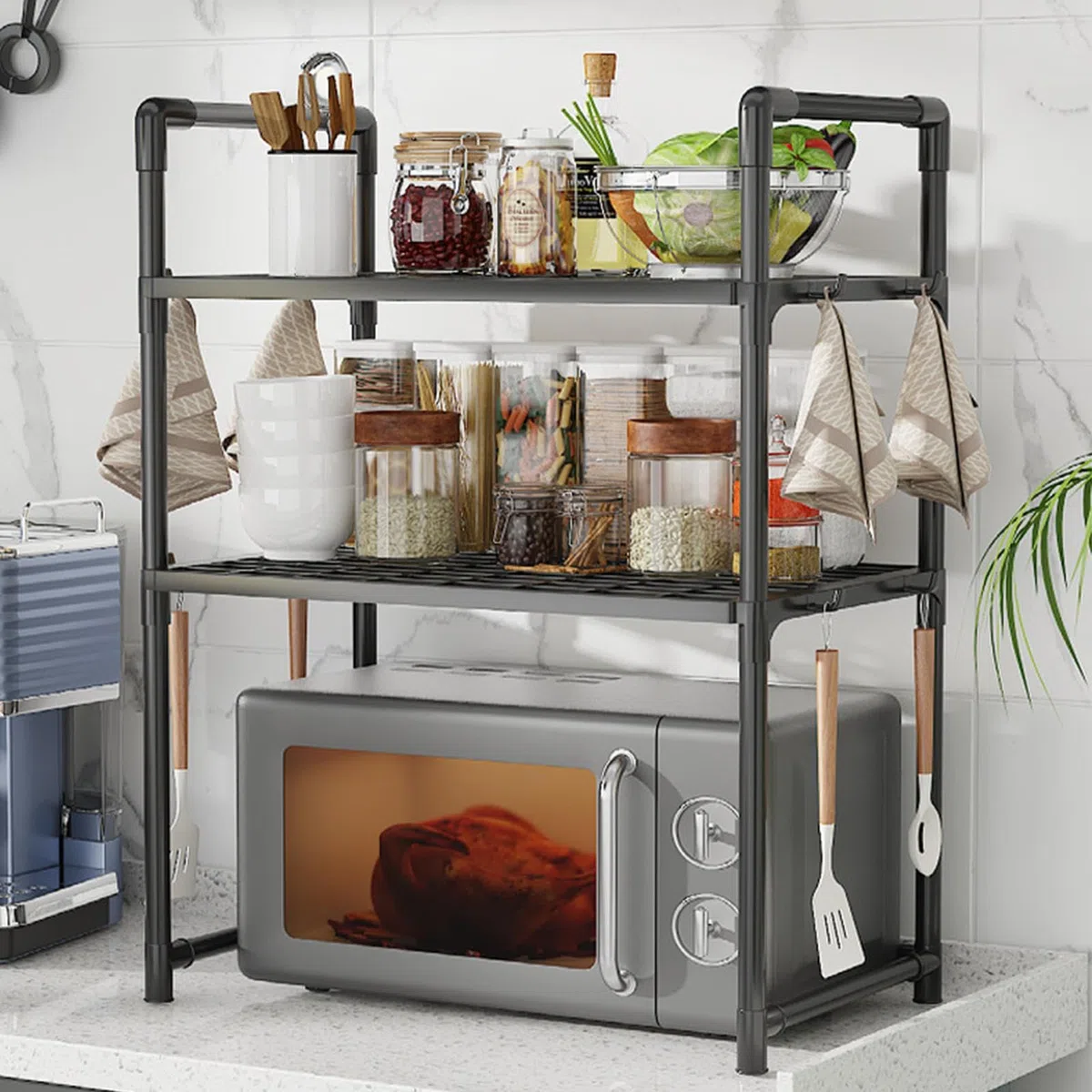 Scaffale Per Forno A Microonde, 2/3 Livelli Mensola Ripiano Della Cucina, Scaffale Per Forno A Microonde Da Appoggio, Mensola Microonde Salvaspazio Con Ganci, Microonde Cucina Organizzatore Ripiani