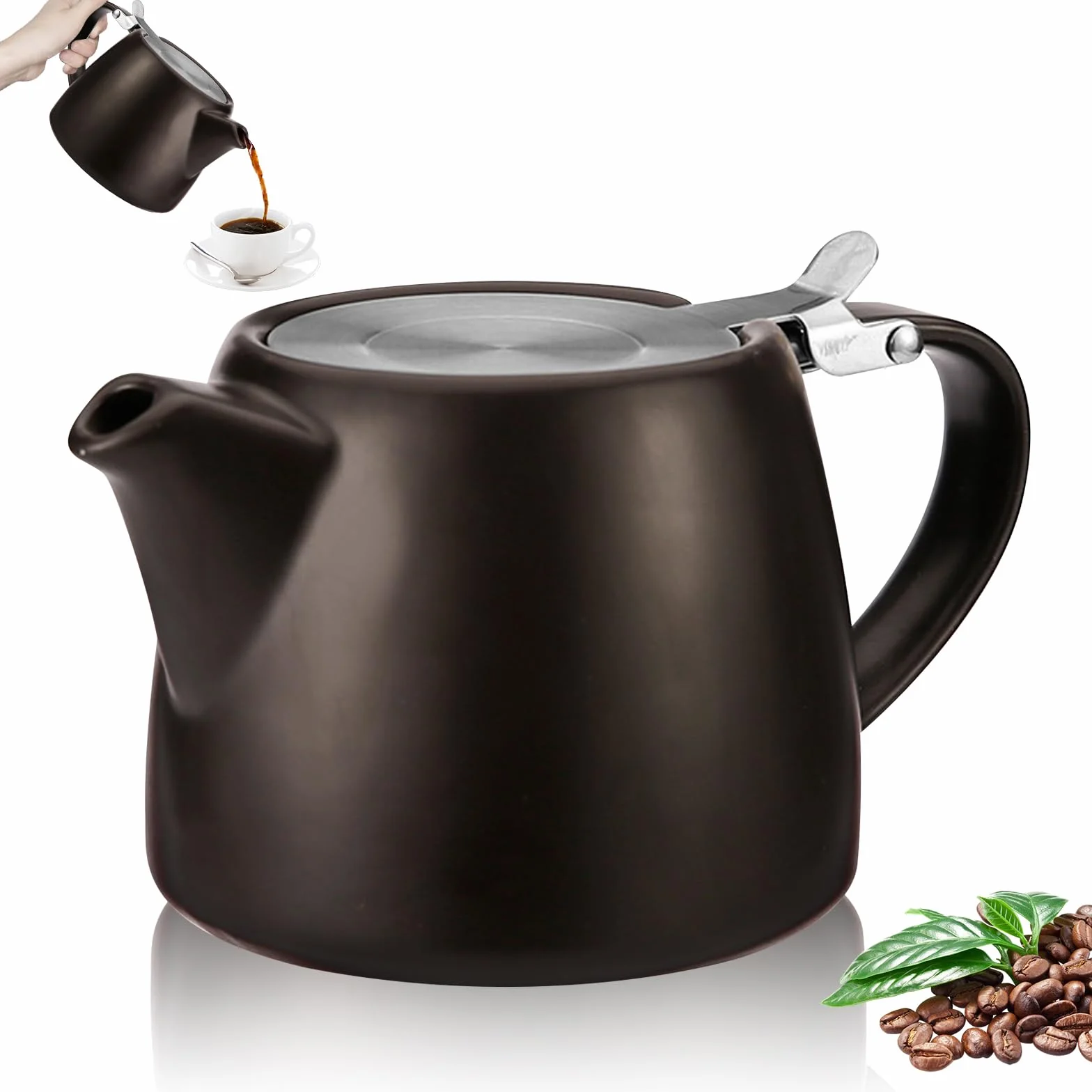 Teiera in porcellana: caffettiera in ceramica nera con infusore, 500 ml Teiera in ceramica con coperchio in acciaio inox, bollitore per caffè, stoviglie in porcellana, teiera da tè
